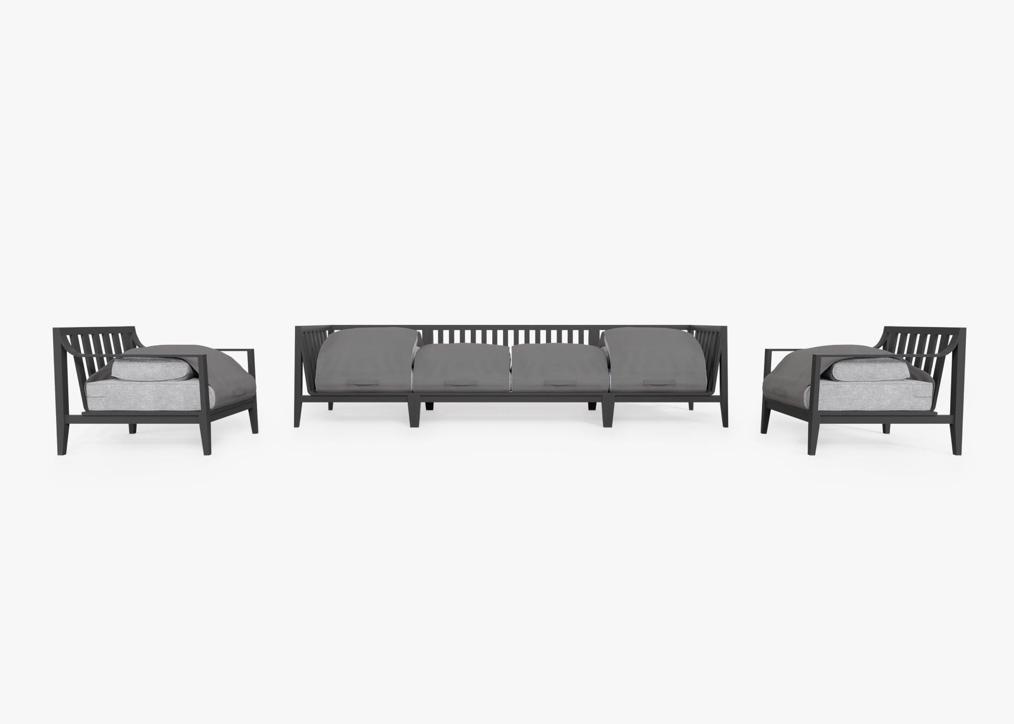 Charcoal Aluminum Outdoor Sofa with Armchairs - 6 Seat shown with the OuterShell outdoor cushion cover, offering exclusive integrated protection. #color_pacific fog gray