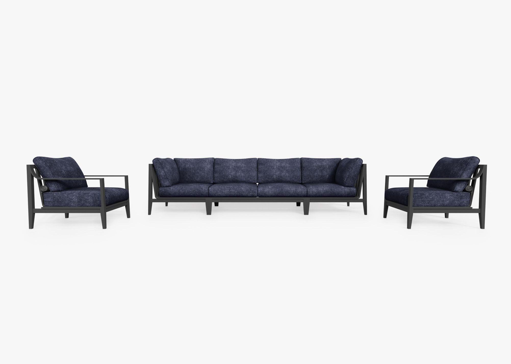 Charcoal Aluminum Outdoor Sofa with Armchairs - 6 Seat, front. Comfortable, durable, and weather resistant outdoor seating with memory foam. #color_deep sea navy