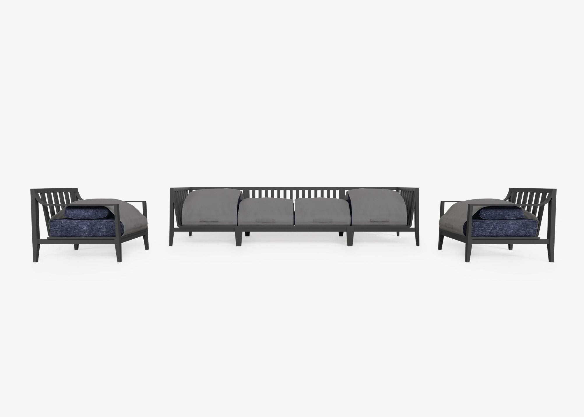 Charcoal Aluminum Outdoor Sofa with Armchairs - 6 Seat shown with the OuterShell outdoor cushion cover, offering exclusive integrated protection. #color_deep sea navy
