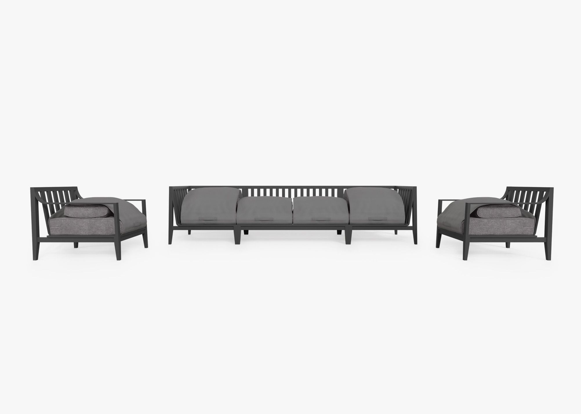 Charcoal Aluminum Outdoor Sofa with Armchairs - 6 Seat shown with the OuterShell outdoor cushion cover, offering exclusive integrated protection. #color_dark pebble gray