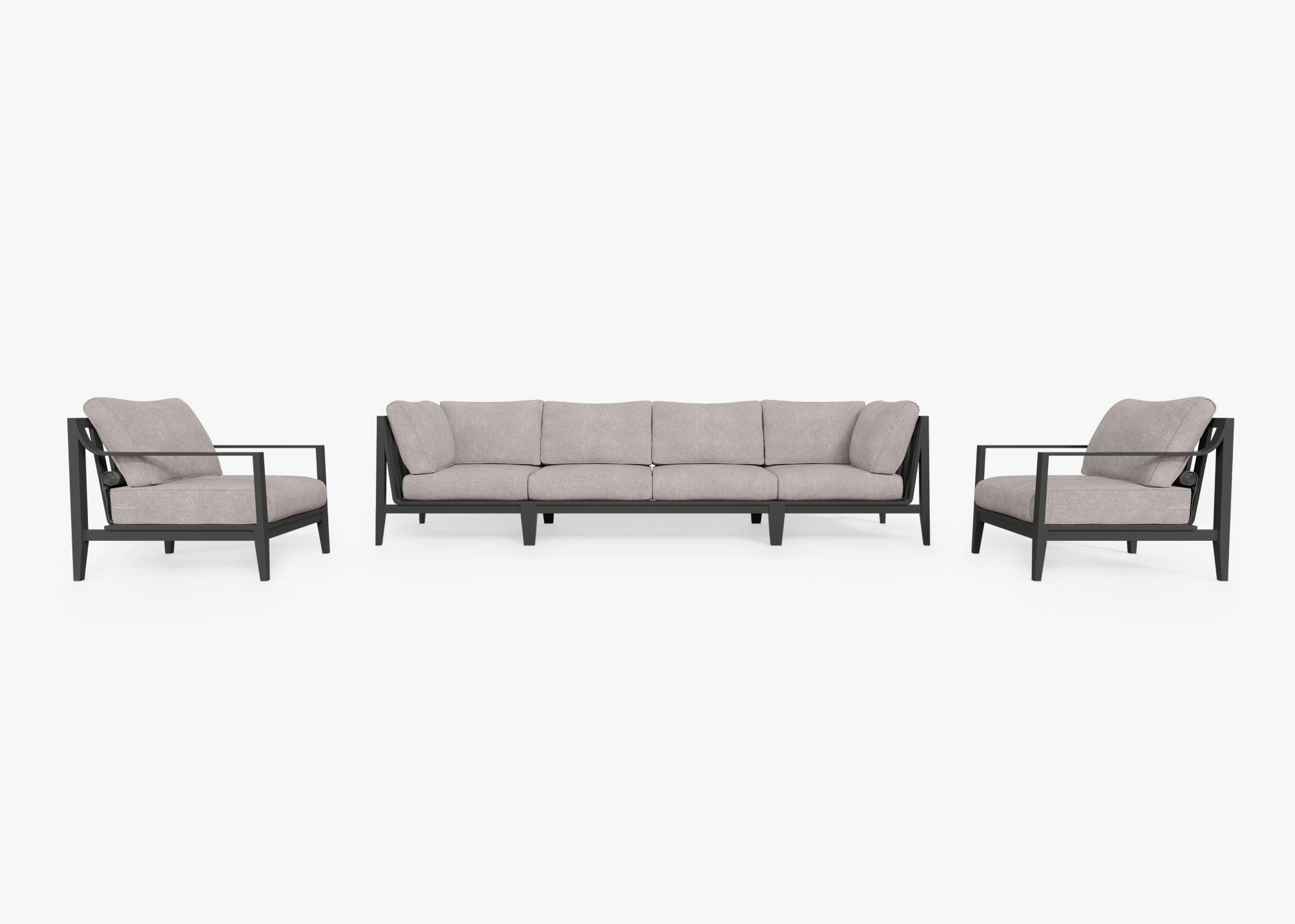 Charcoal Aluminum Outdoor Sofa with Armchairs - 6 Seat, front. Comfortable, durable, and weather resistant outdoor seating with memory foam. #color_sandstone gray
