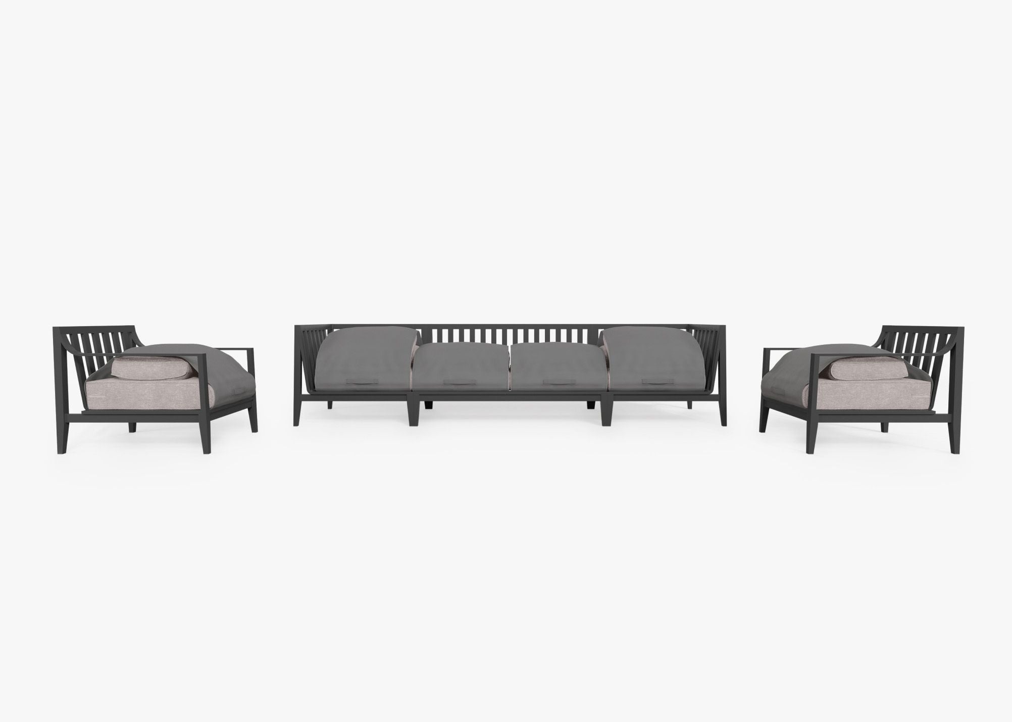 Charcoal Aluminum Outdoor Sofa with Armchairs - 6 Seat shown with the OuterShell outdoor cushion cover, offering exclusive integrated protection. #color_sandstone gray