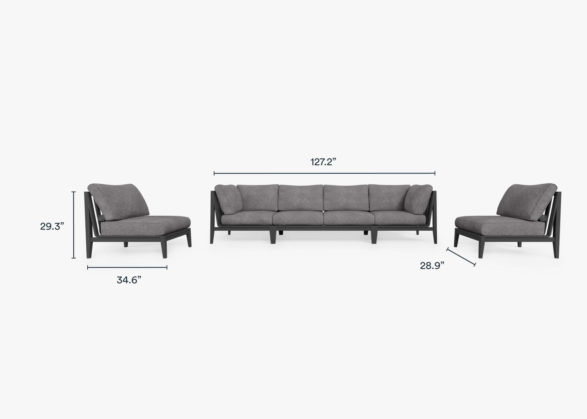 Charcoal Aluminum Outdoor Sofa with Armless Chairs - 6 Seat dimensions in inches, also listed under Dimensions and Weights. #color_dark pebble gray