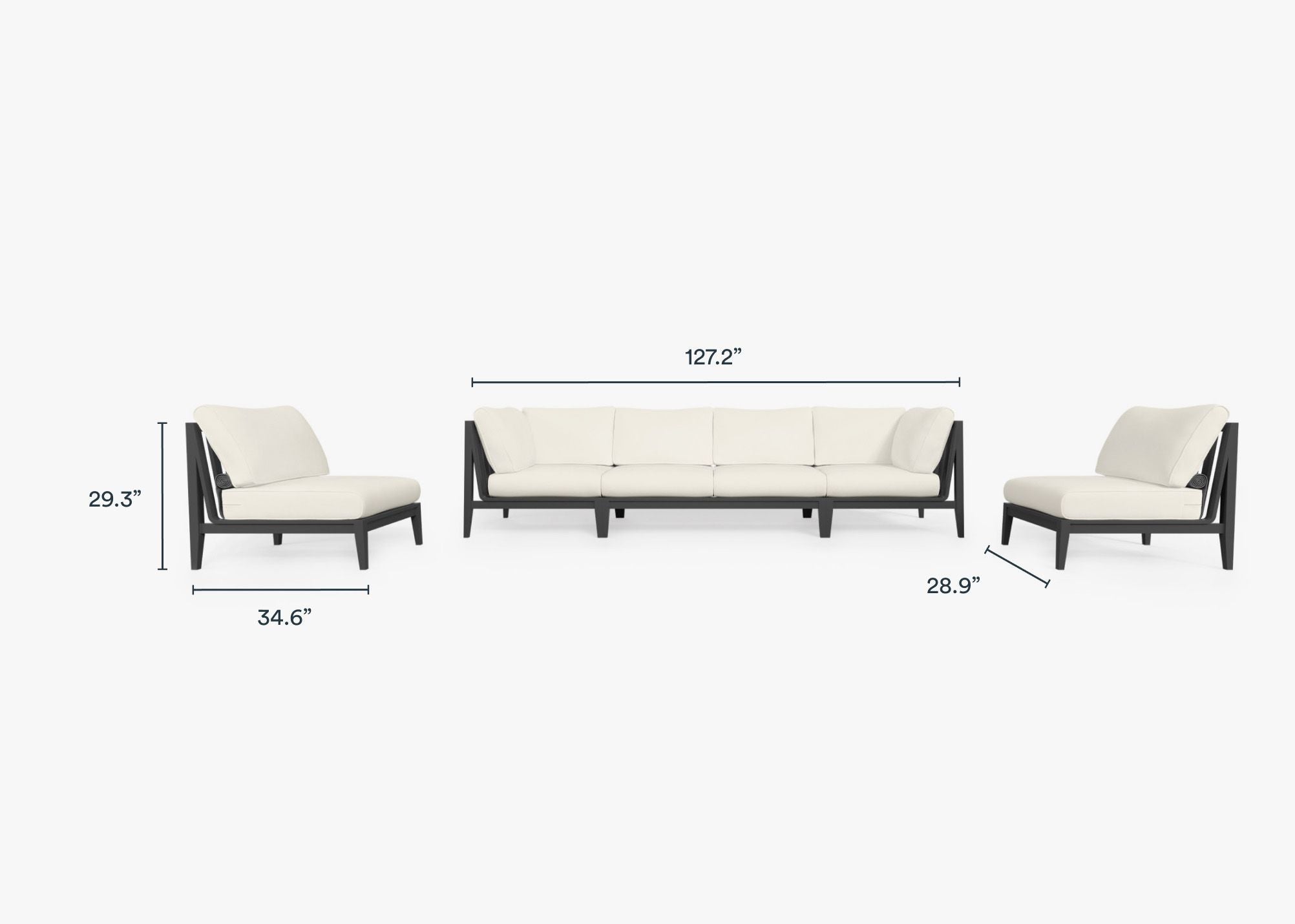 Charcoal Aluminum Outdoor Sofa with Armless Chairs - 6 Seat dimensions in inches, also listed under Dimensions and Weights. #color_palisades cream