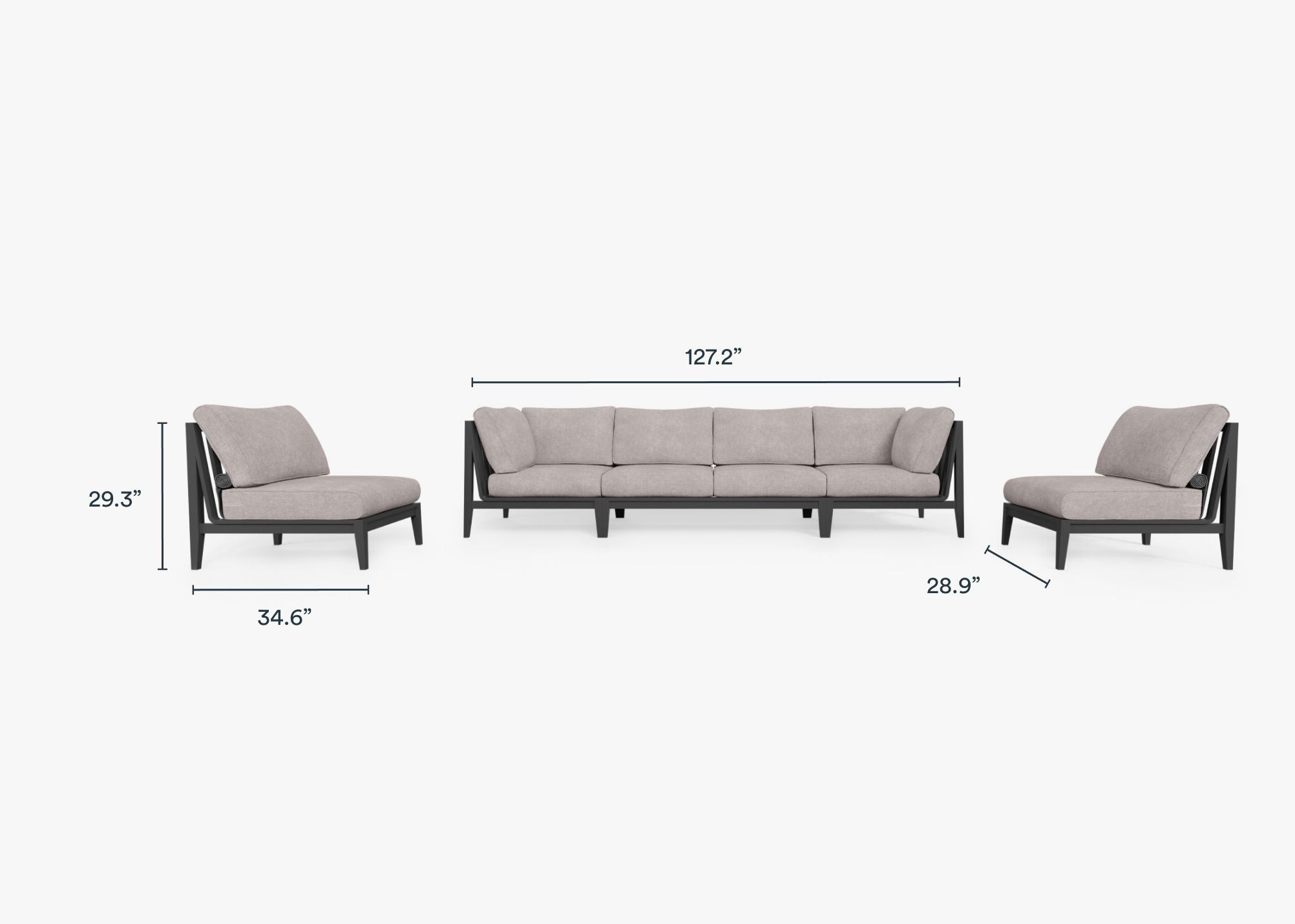 Charcoal Aluminum Outdoor Sofa with Armless Chairs - 6 Seat dimensions in inches, also listed under Dimensions and Weights. #color_sandstone gray
