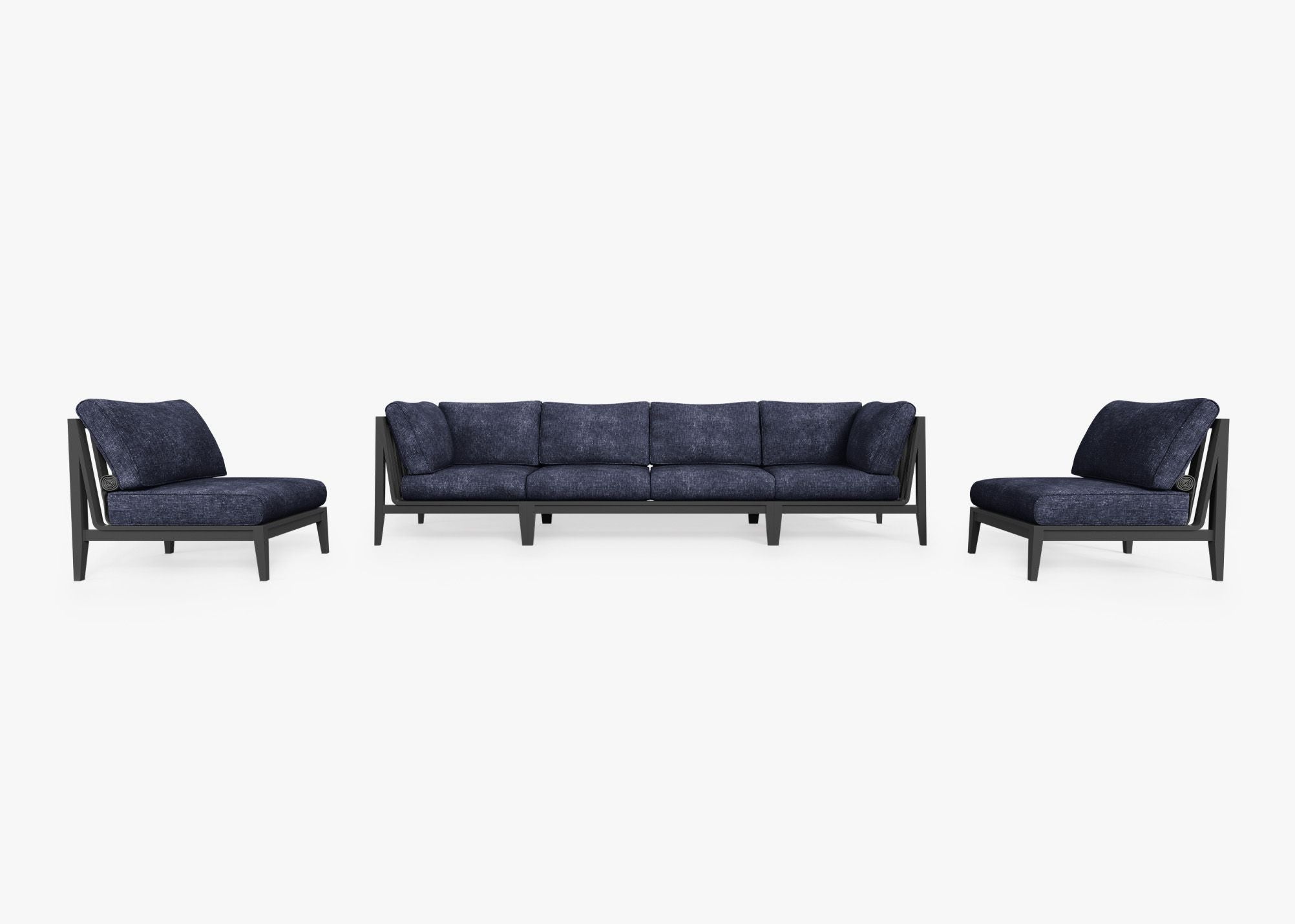 Charcoal Aluminum Outdoor Sofa with Armless Chairs - 6 Seat, front. Comfortable, durable, and weather resistant outdoor seating with memory foam. #color_deep sea navy