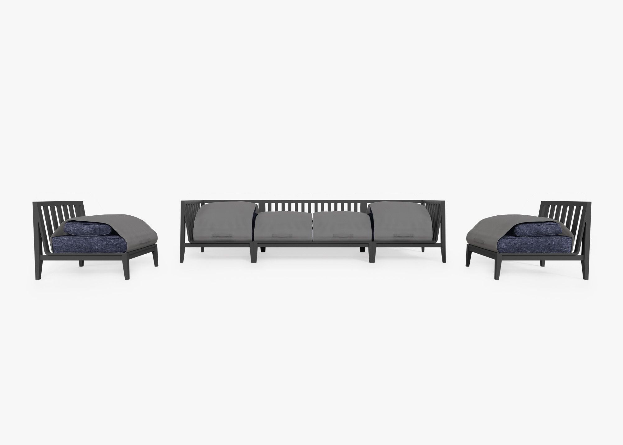 Charcoal Aluminum Outdoor Sofa with Armless Chairs - 6 Seat shown with the OuterShell outdoor cushion cover, offering exclusive integrated protection. #color_deep sea navy