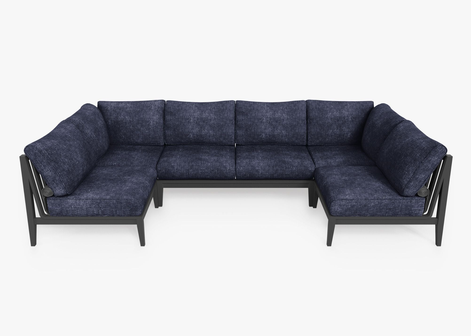 Charcoal Aluminum Outdoor U Sectional - 6 Seat, front. Comfortable, durable, and weather resistant outdoor seating with memory foam. #color_deep sea navy