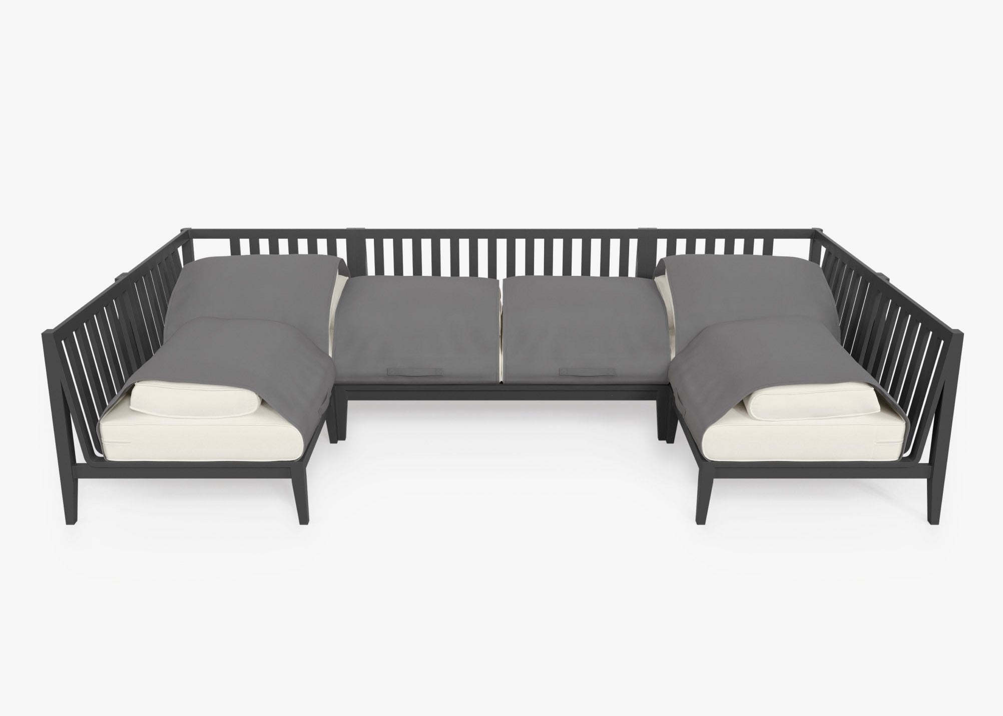 Charcoal Aluminum Outdoor U Sectional - 6 Seat shown with the OuterShell outdoor cushion cover, offering exclusive integrated protection. #color_palisades cream