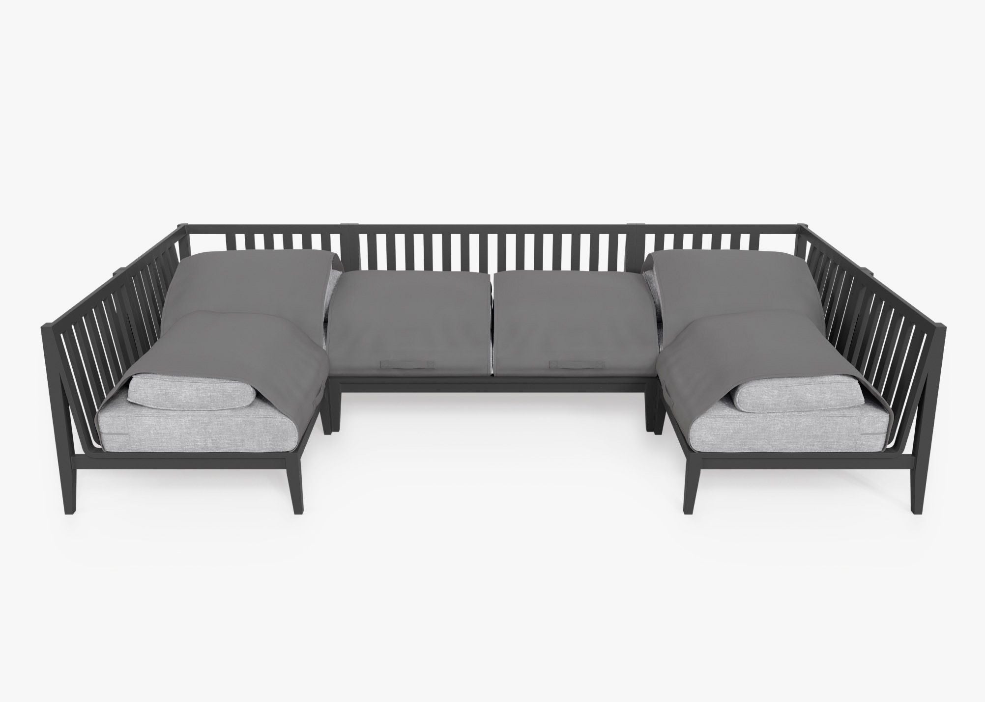 Charcoal Aluminum Outdoor U Sectional - 6 Seat shown with the OuterShell outdoor cushion cover, offering exclusive integrated protection. #color_pacific fog gray