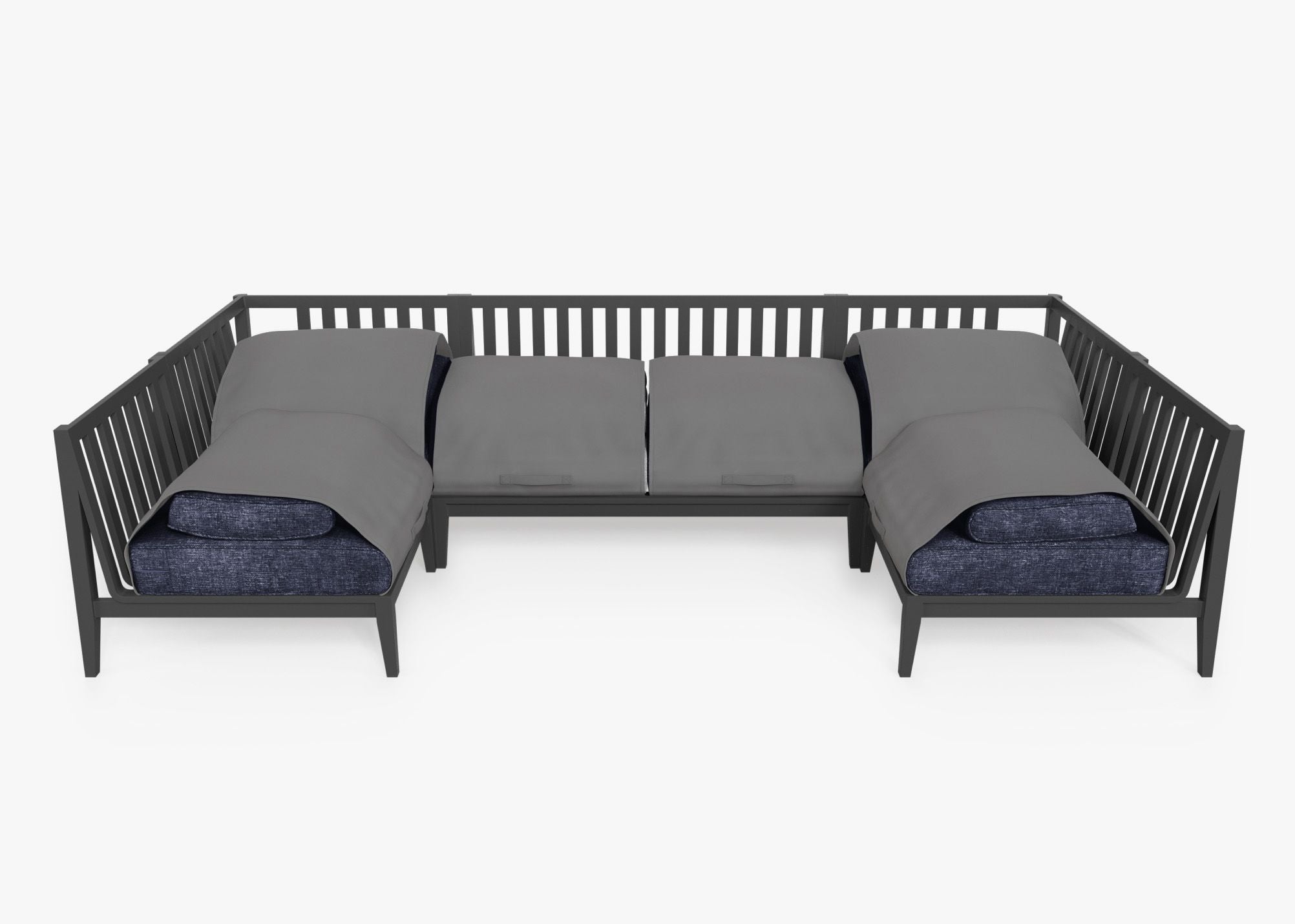 Charcoal Aluminum Outdoor U Sectional - 6 Seat shown with the OuterShell outdoor cushion cover, offering exclusive integrated protection. #color_deep sea navy
