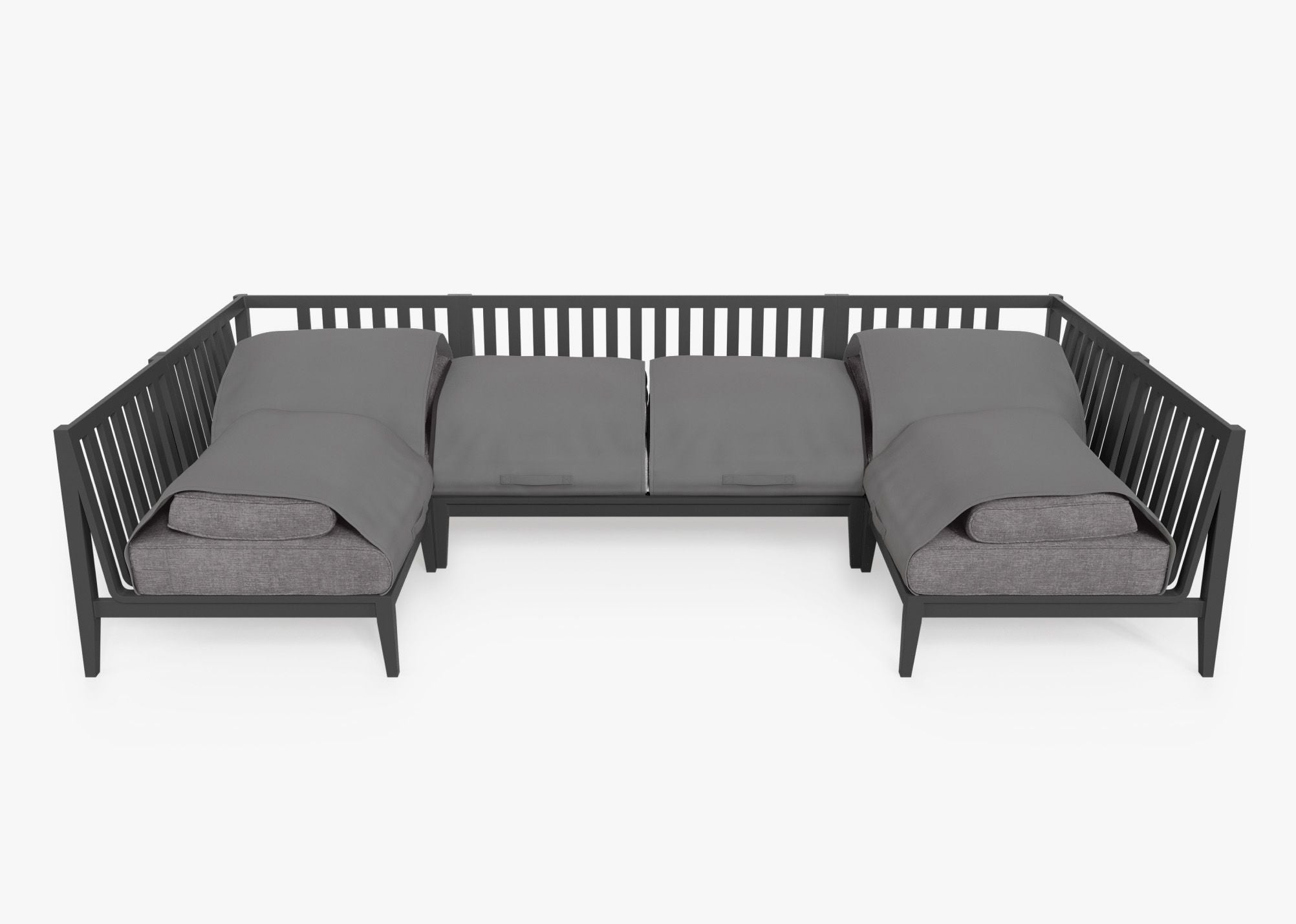 Charcoal Aluminum Outdoor U Sectional - 6 Seat shown with the OuterShell outdoor cushion cover, offering exclusive integrated protection. #color_dark pebble gray