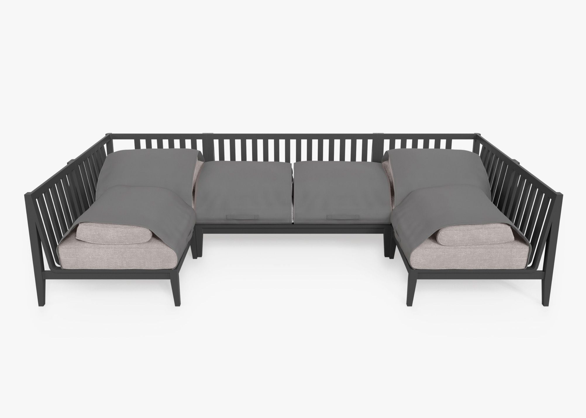 Charcoal Aluminum Outdoor U Sectional - 6 Seat shown with the OuterShell outdoor cushion cover, offering exclusive integrated protection. #color_sandstone gray