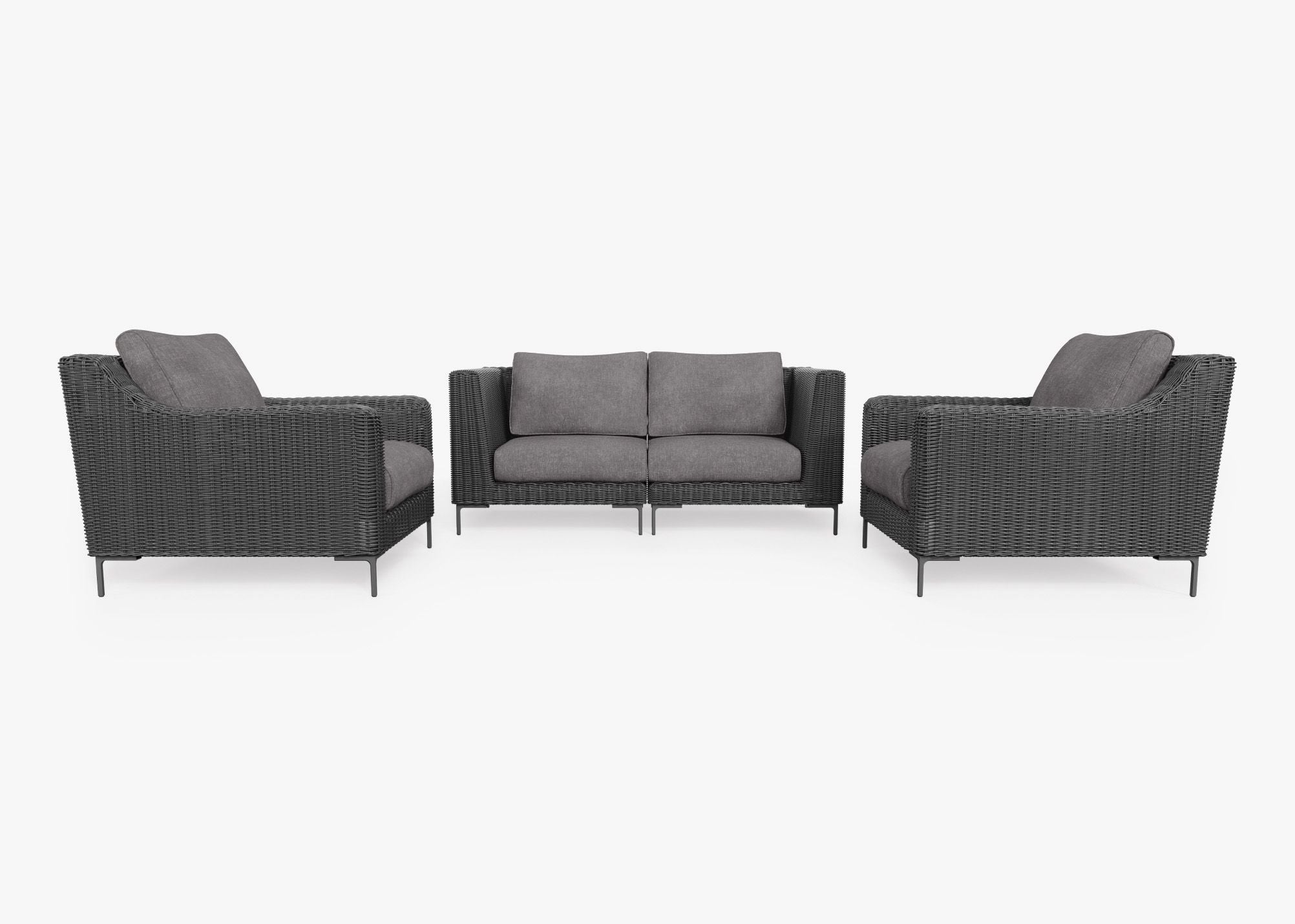 Black Wicker Outdoor Loveseat with Armchairs - 4 Seat, front. Comfortable, durable, and weather resistant outdoor seating with memory foam. #color_dark pebble gray