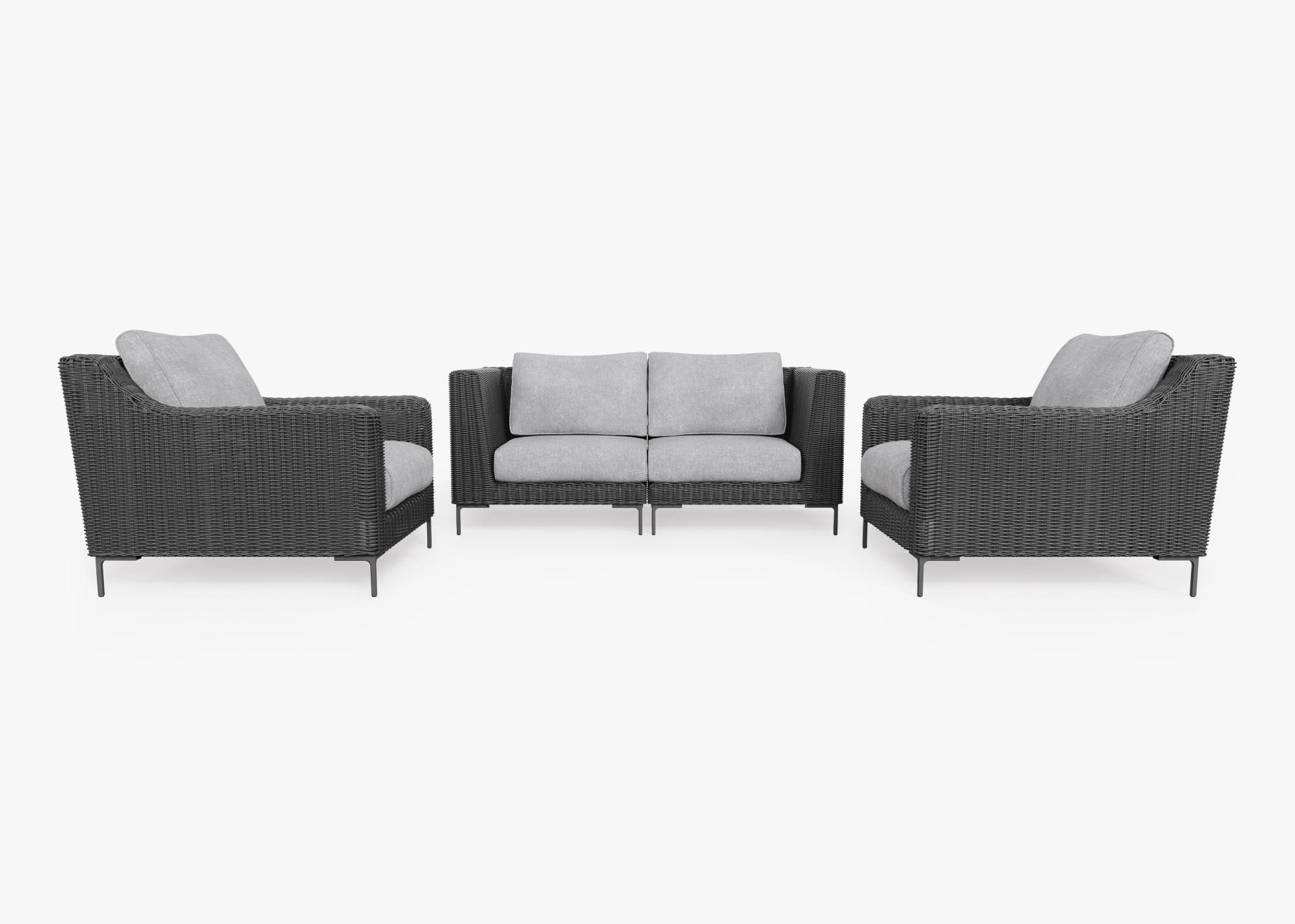Black Wicker Outdoor Loveseat with Armchairs - 4 Seat, front. Comfortable, durable, and weather resistant outdoor seating with memory foam. #color_pacific fog gray
