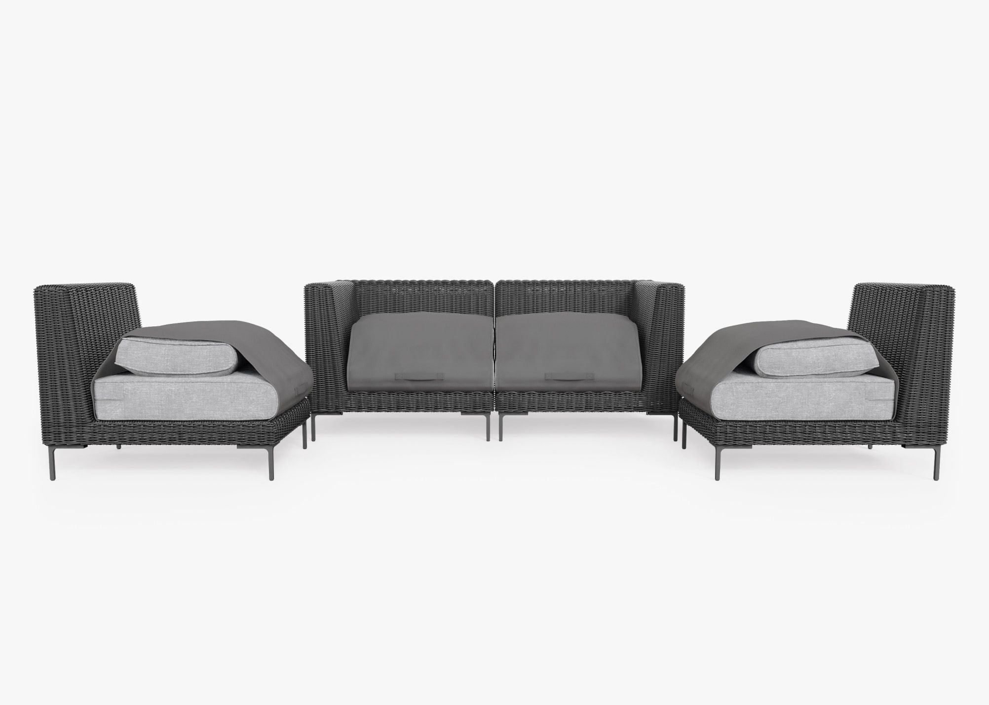 Black Wicker Outdoor Loveseat with Armless Chairs - 4 Seat shown with the OuterShell outdoor cushion cover, offering exclusive integrated protection. #color_pacific fog gray