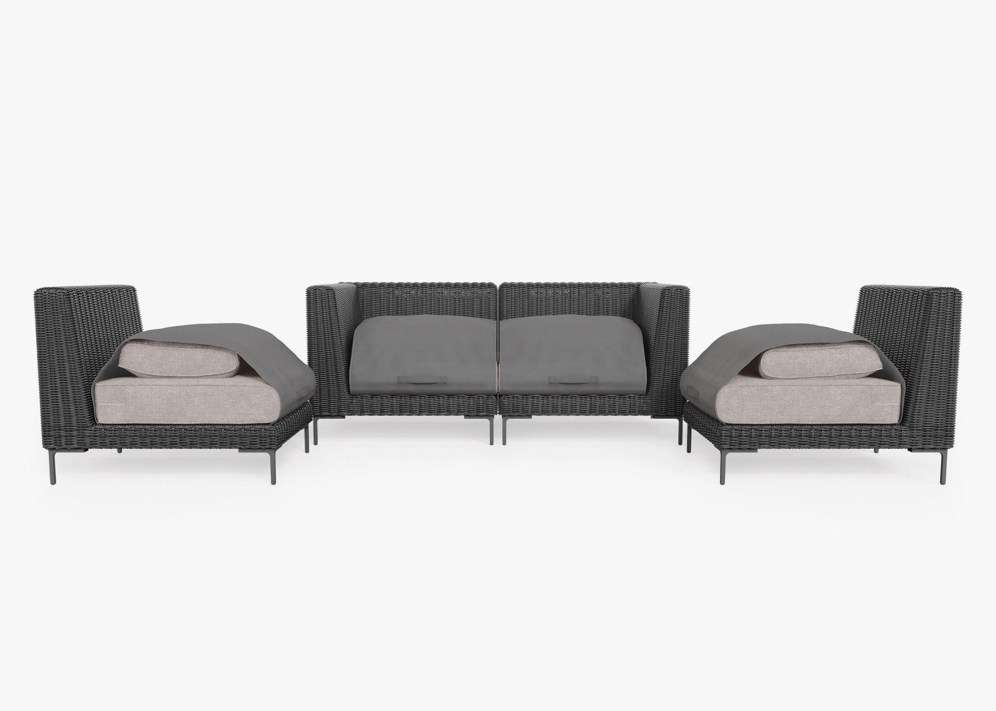 Black Wicker Outdoor Loveseat with Armless Chairs - 4 Seat shown with the OuterShell outdoor cushion cover, offering exclusive integrated protection. #color_sandstone gray