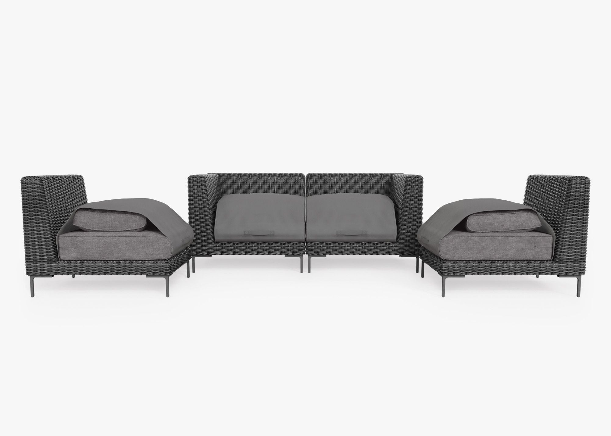 Black Wicker Outdoor Loveseat with Armless Chairs - 4 Seat shown with the OuterShell outdoor cushion cover, offering exclusive integrated protection. #color_dark pebble gray