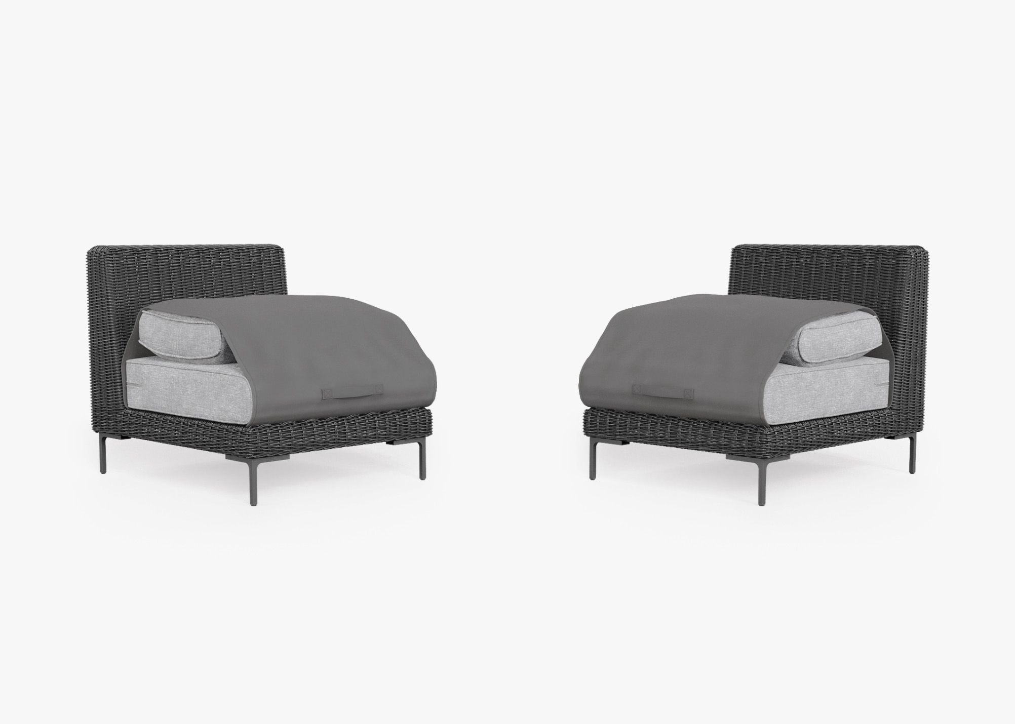 Black Wicker Outdoor Armless Chair Conversation Set shown with the OuterShell outdoor cushion cover, offering exclusive integrated protection. #color_pacific fog gray