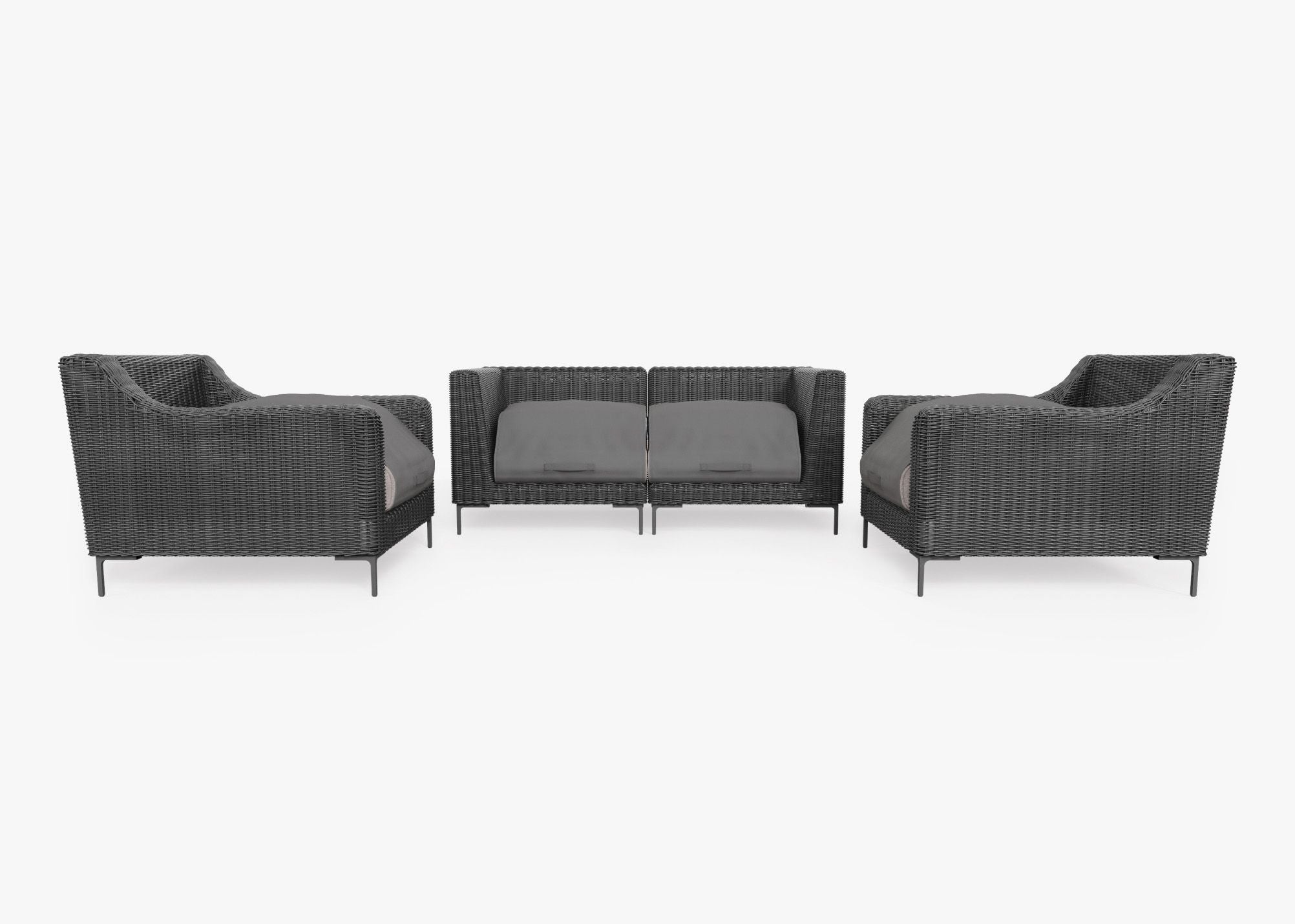 Black Wicker Outdoor Loveseat with Armchairs - 4 Seat shown with the OuterShell outdoor cushion cover, offering exclusive integrated protection. #color_sandstone gray