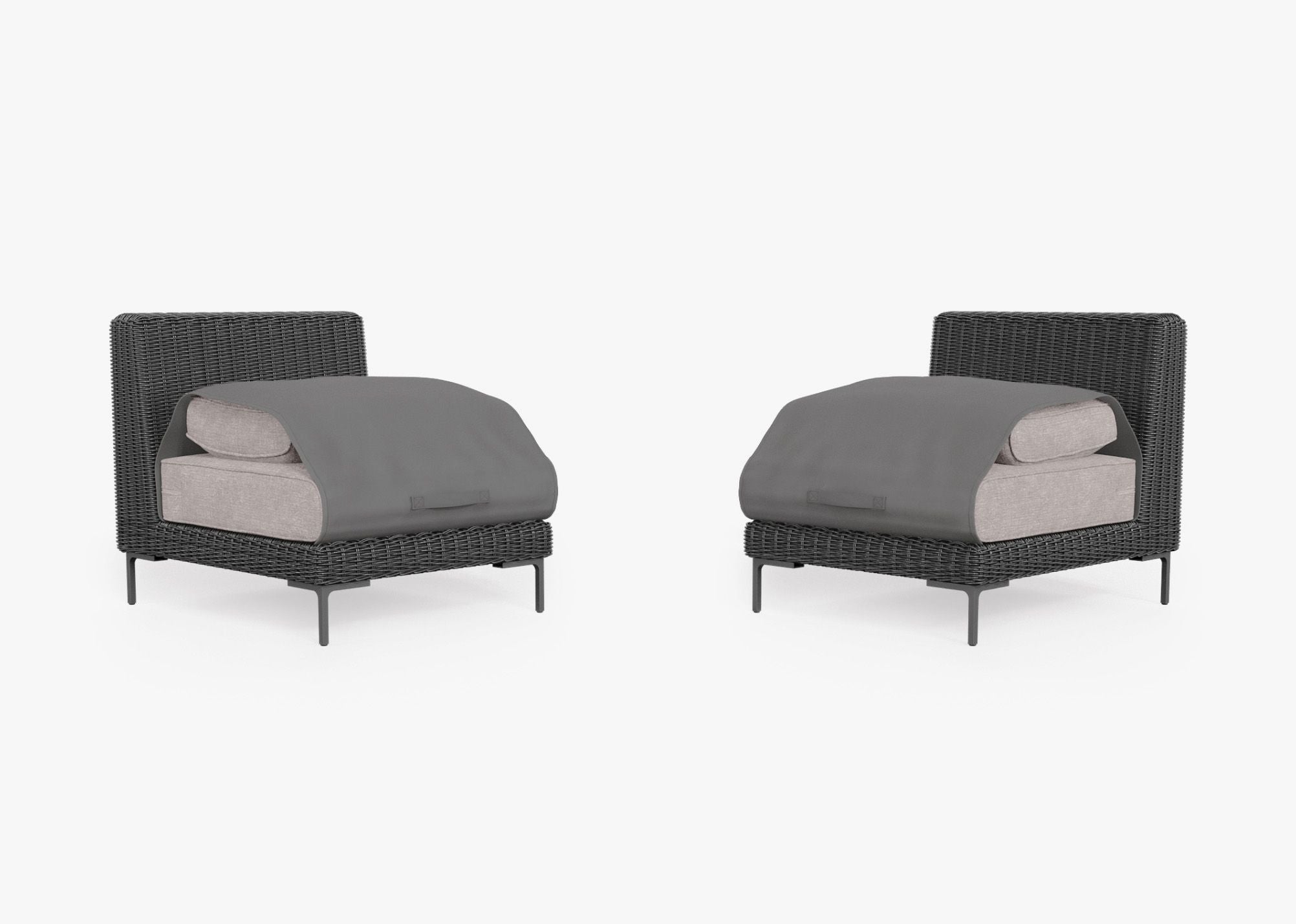 Black Wicker Outdoor Armless Chair Conversation Set shown with the OuterShell outdoor cushion cover, offering exclusive integrated protection. #color_sandstone gray