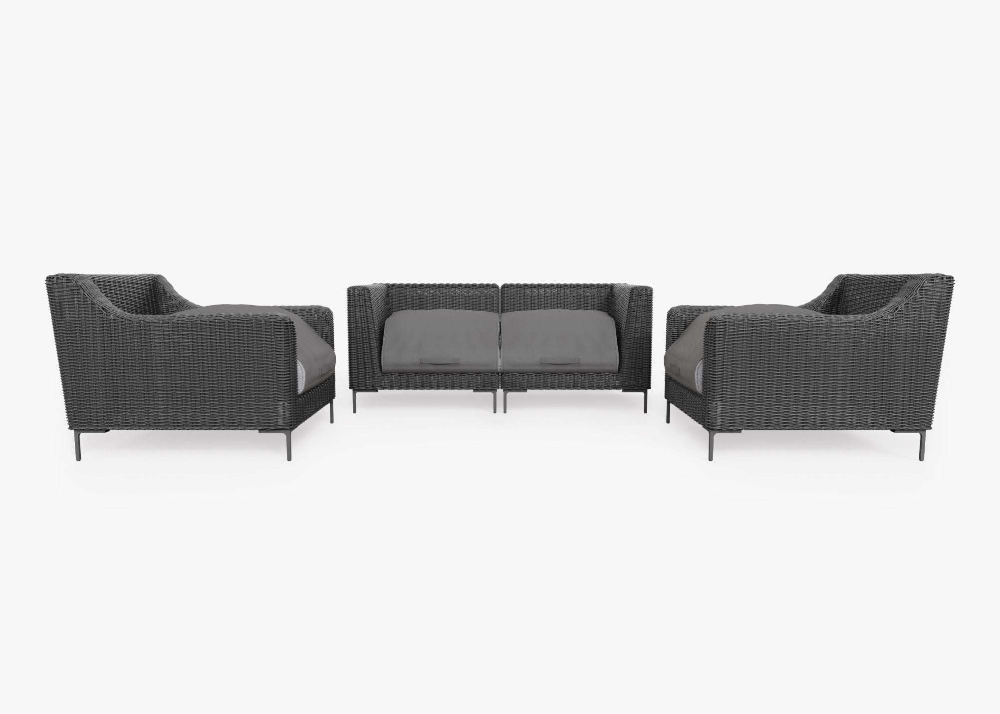 Black Wicker Outdoor Loveseat with Armchairs - 4 Seat shown with the OuterShell outdoor cushion cover, offering exclusive integrated protection. #color_pacific fog gray