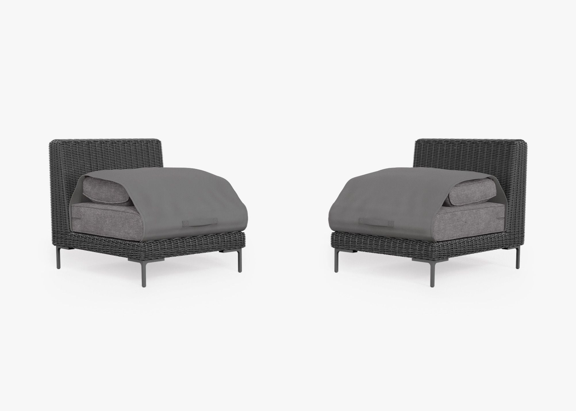 Black Wicker Outdoor Armless Chair Conversation Set shown with the OuterShell outdoor cushion cover, offering exclusive integrated protection. #color_dark pebble gray