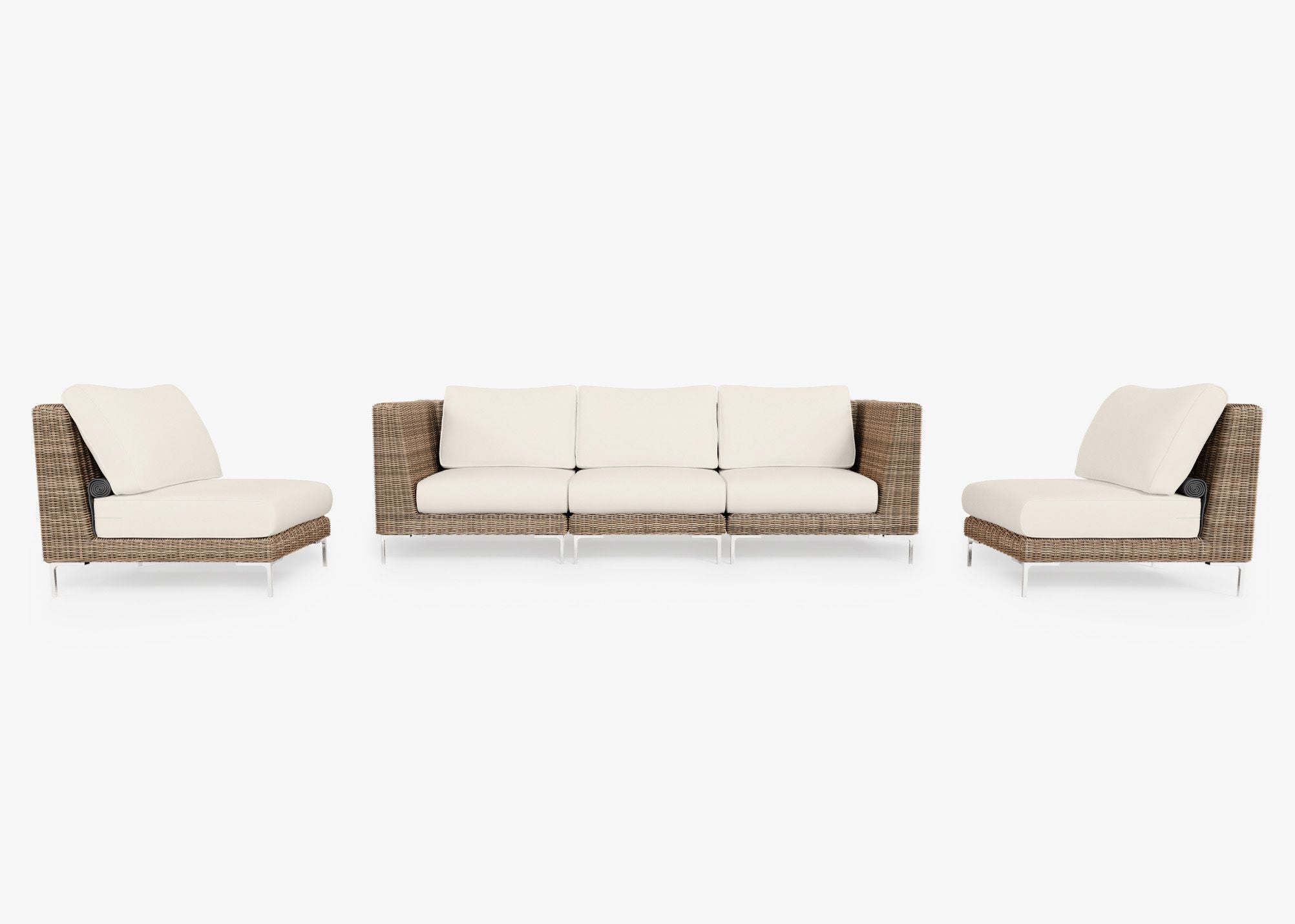 Brown Wicker Outdoor Sofa with Armless Chairs - 5 Seat, front. Comfortable, durable, and weather resistant outdoor seating with memory foam. #color_palisades cream