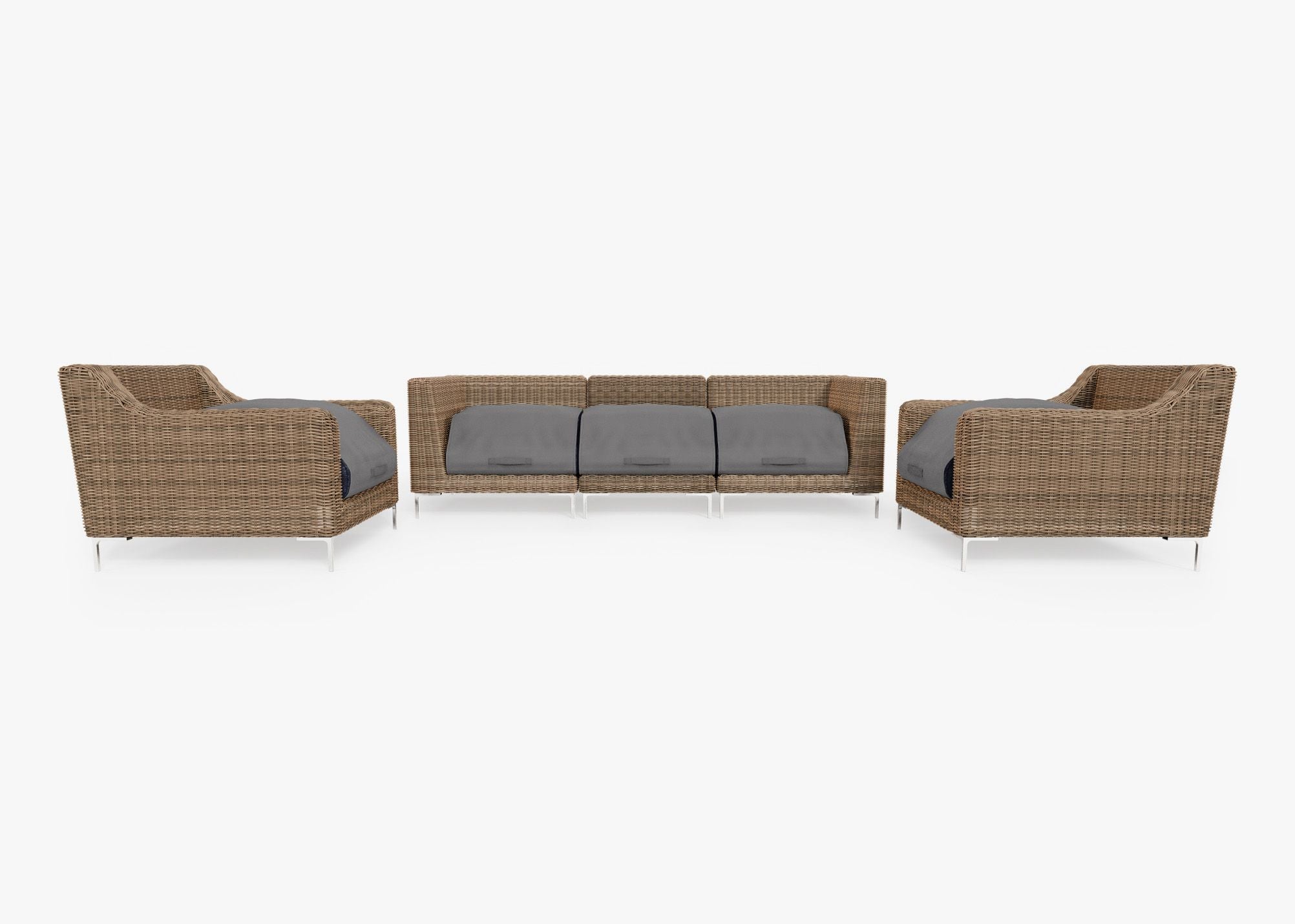 Brown Wicker Outdoor Sofa with Armchairs - 5 Seat shown with the OuterShell outdoor cushion cover, offering exclusive integrated protection. #color_deep sea navy