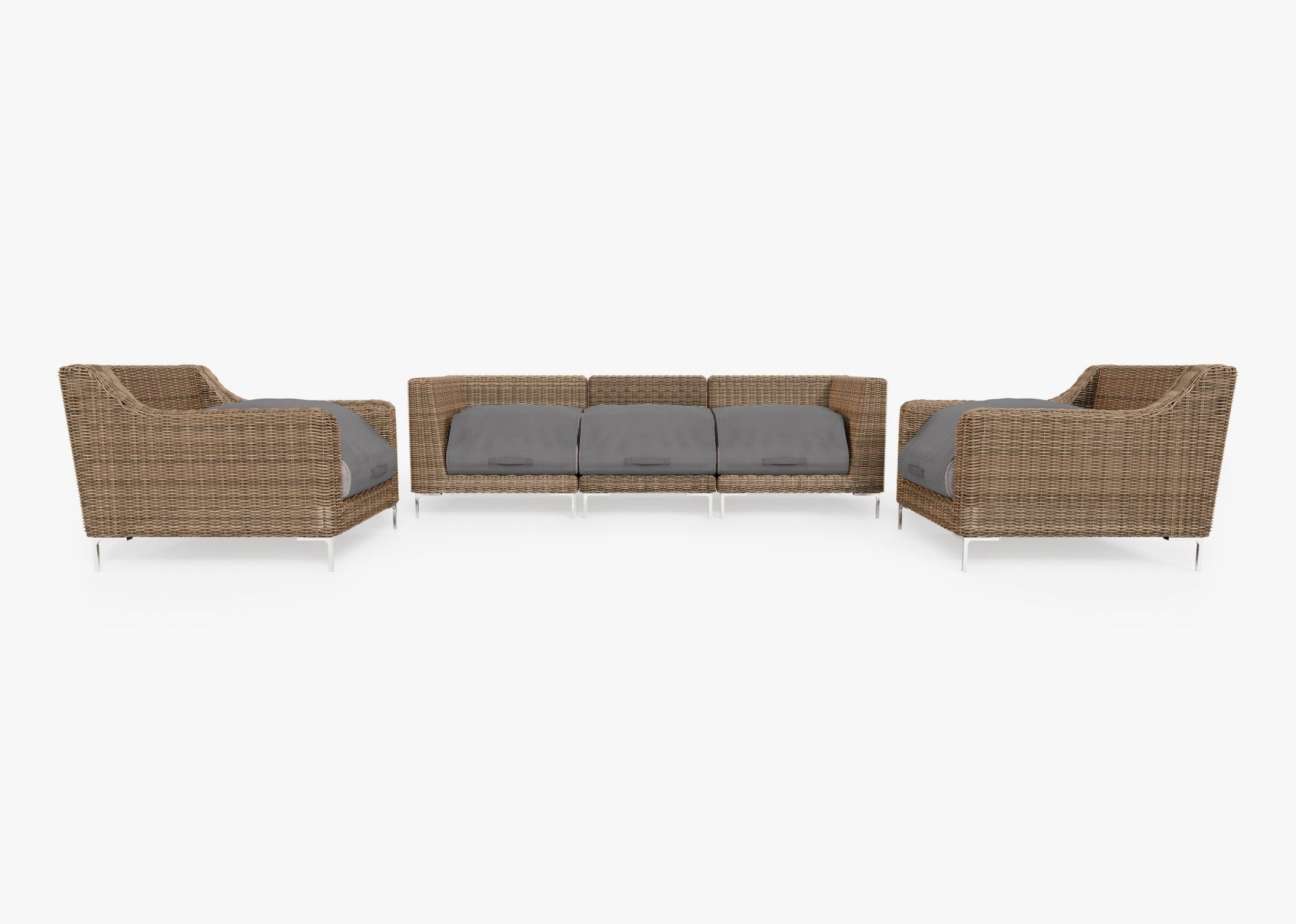 Brown Wicker Outdoor Sofa with Armchairs - 5 Seat shown with the OuterShell outdoor cushion cover, offering exclusive integrated protection. #color_sandstone gray