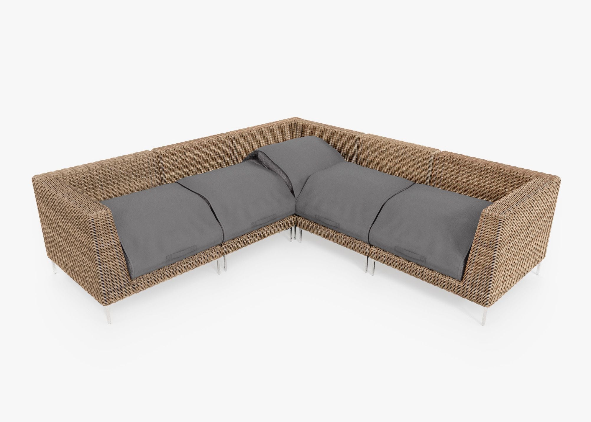 Brown Wicker Outdoor Corner Sectional - 5 Seat shown with the OuterShell outdoor cushion cover, offering exclusive integrated protection. #color_dark pebble gray