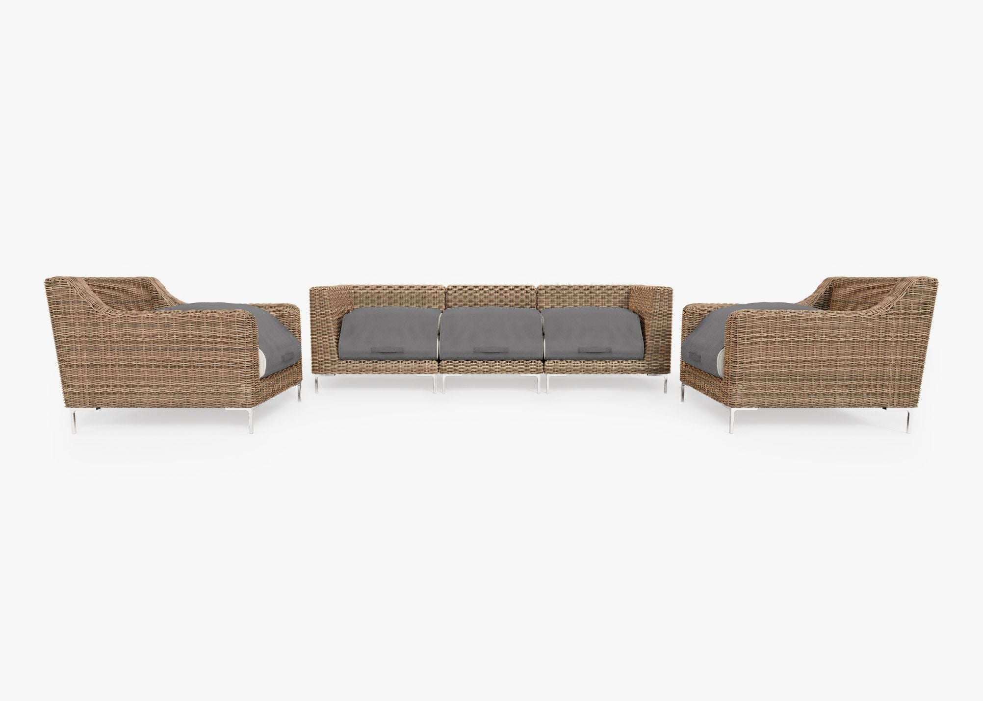 Brown Wicker Outdoor Sofa with Armchairs - 5 Seat shown with the OuterShell outdoor cushion cover, offering exclusive integrated protection. #color_palisades cream