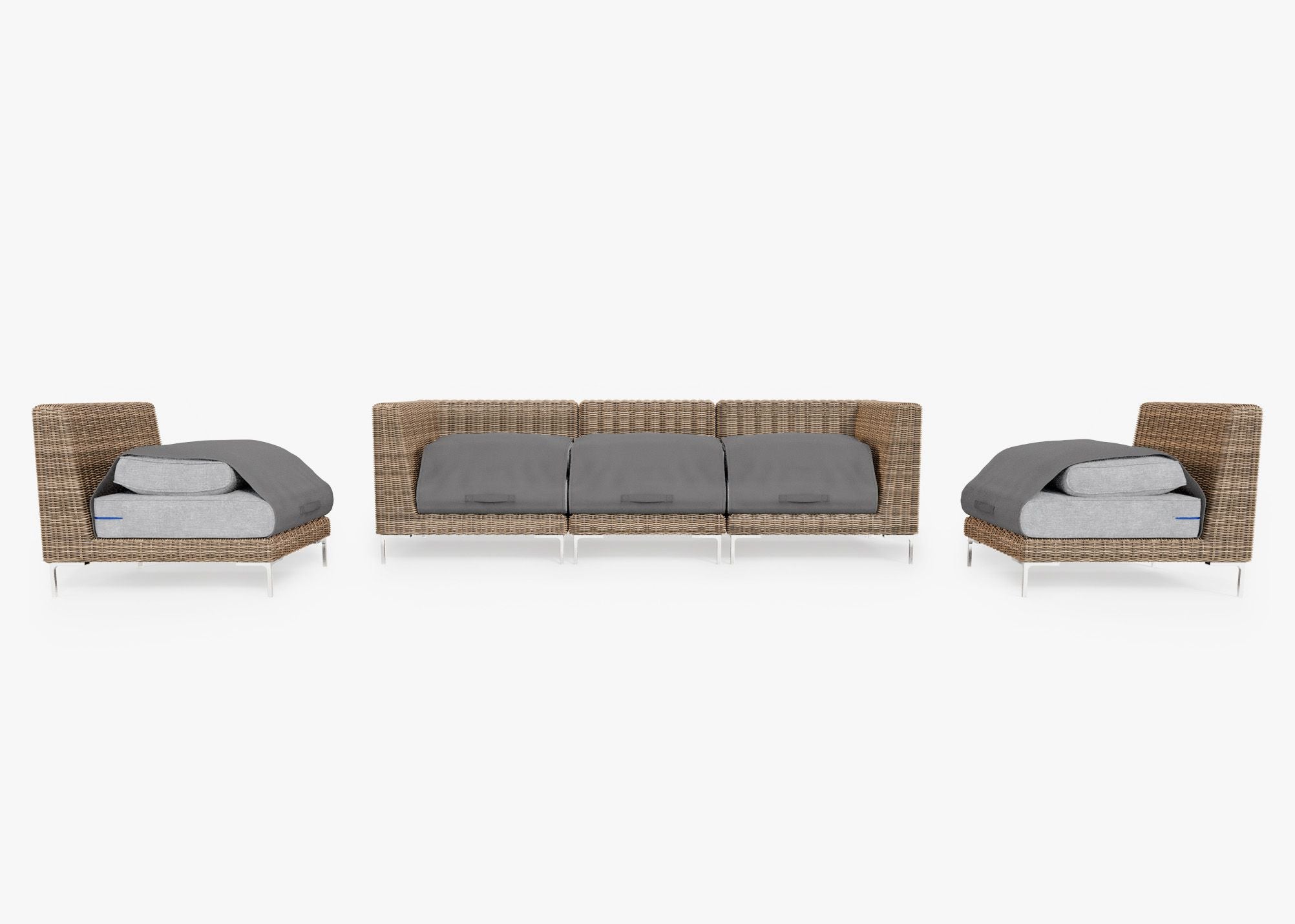 Brown Wicker Outdoor Sofa with Armless Chairs - 5 Seat shown with the OuterShell outdoor cushion cover, offering exclusive integrated protection. #color_pacific fog gray