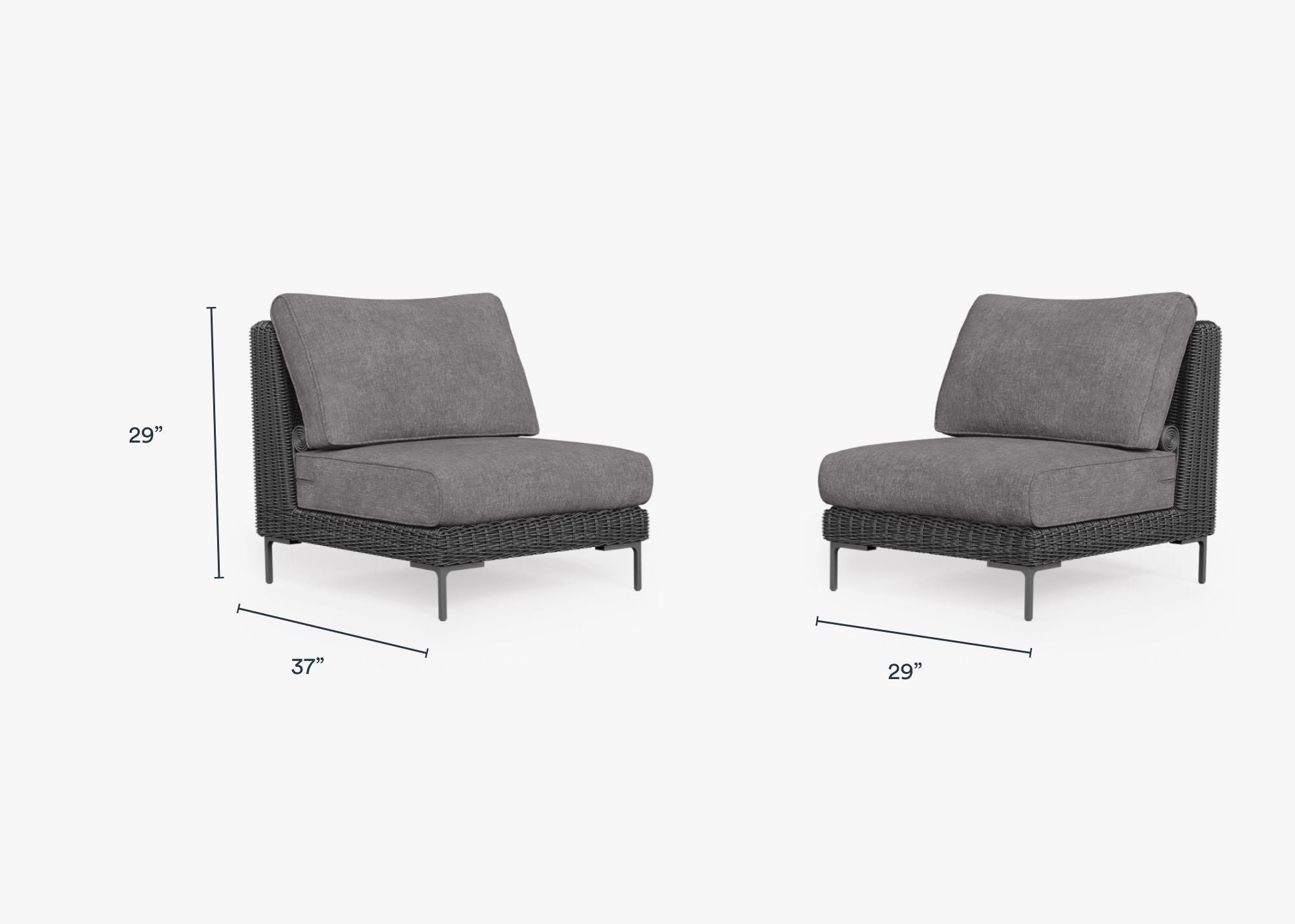 Black Wicker Outdoor Armless Chair Conversation Set dimensions in inches, also listed under Dimensions and Weights. #color_dark pebble gray