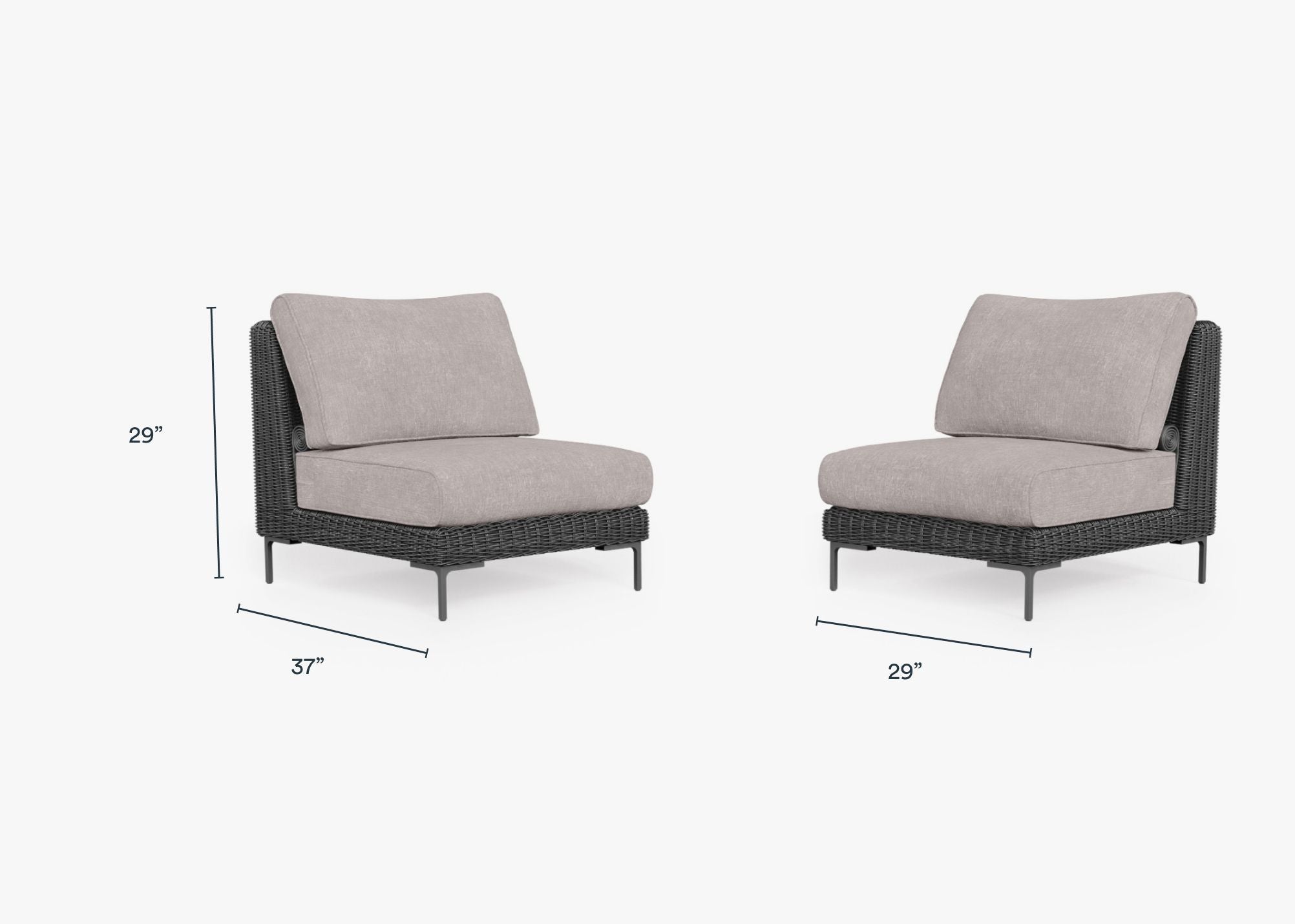 Black Wicker Outdoor Armless Chair Conversation Set dimensions in inches, also listed under Dimensions and Weights. #color_sandstone gray