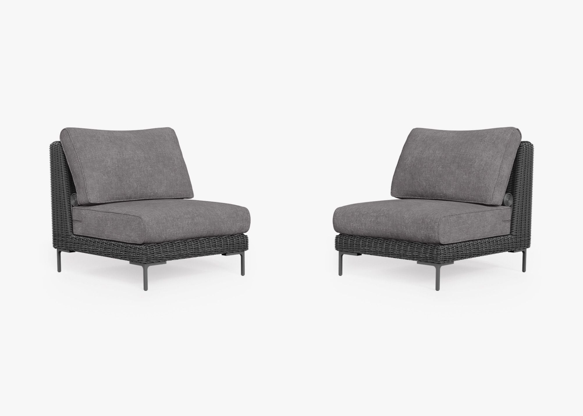 Black Wicker Outdoor Armless Chair Conversation Set, front. Comfortable, durable, and weather resistant outdoor seating with memory foam. #color_dark pebble gray