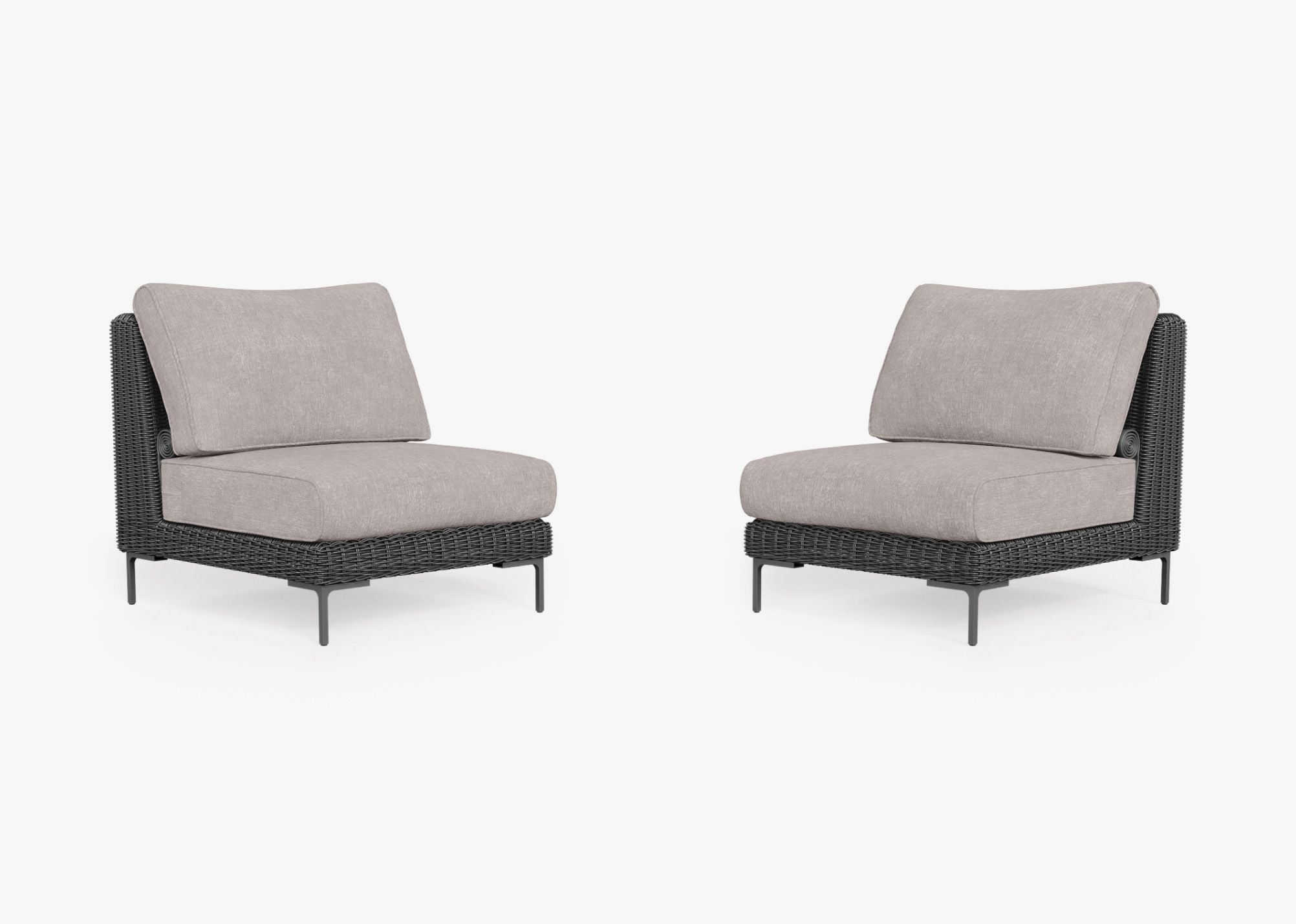 Black Wicker Outdoor Armless Chair Conversation Set, front. Comfortable, durable, and weather resistant outdoor seating with memory foam. #color_sandstone gray