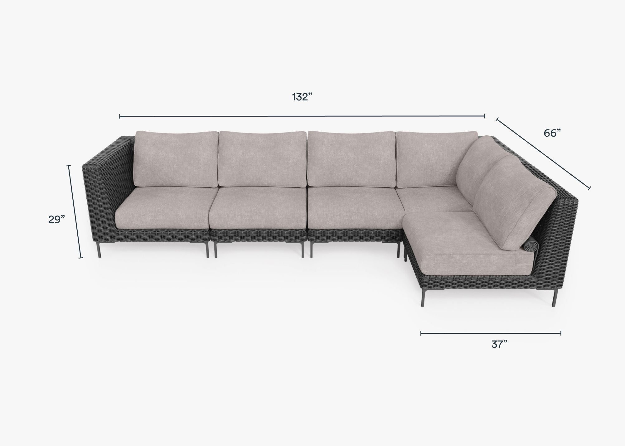 Black Wicker Outdoor L Sectional - 5 Seat dimensions in inches, also listed under Dimensions and Weights. #color_sandstone gray