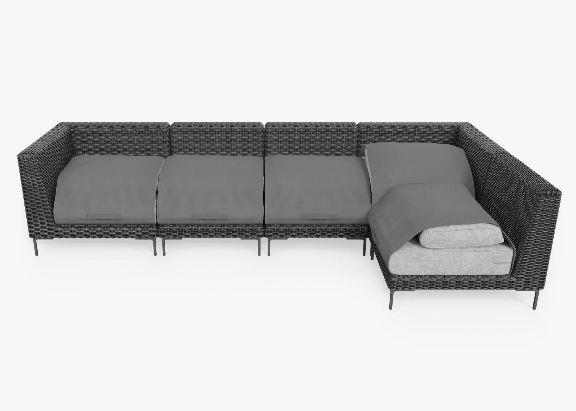 Black Wicker Outdoor L Sectional - 5 Seat shown with the OuterShell outdoor cushion cover, offering exclusive integrated protection. #color_pacific fog gray