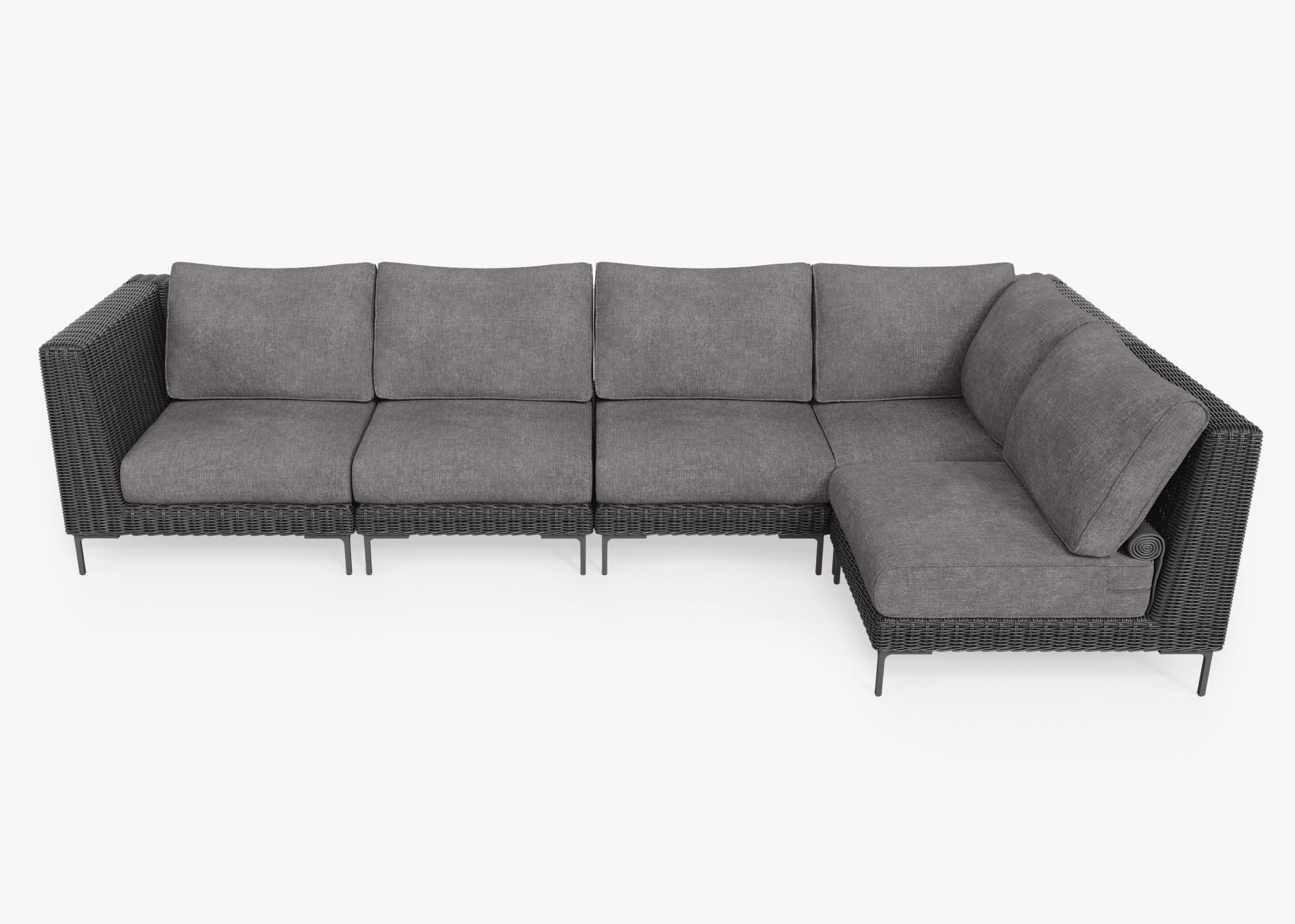 Black Wicker Outdoor L Sectional - 5 Seat, front. Comfortable, durable, and weather resistant outdoor seating with memory foam. #color_dark pebble gray