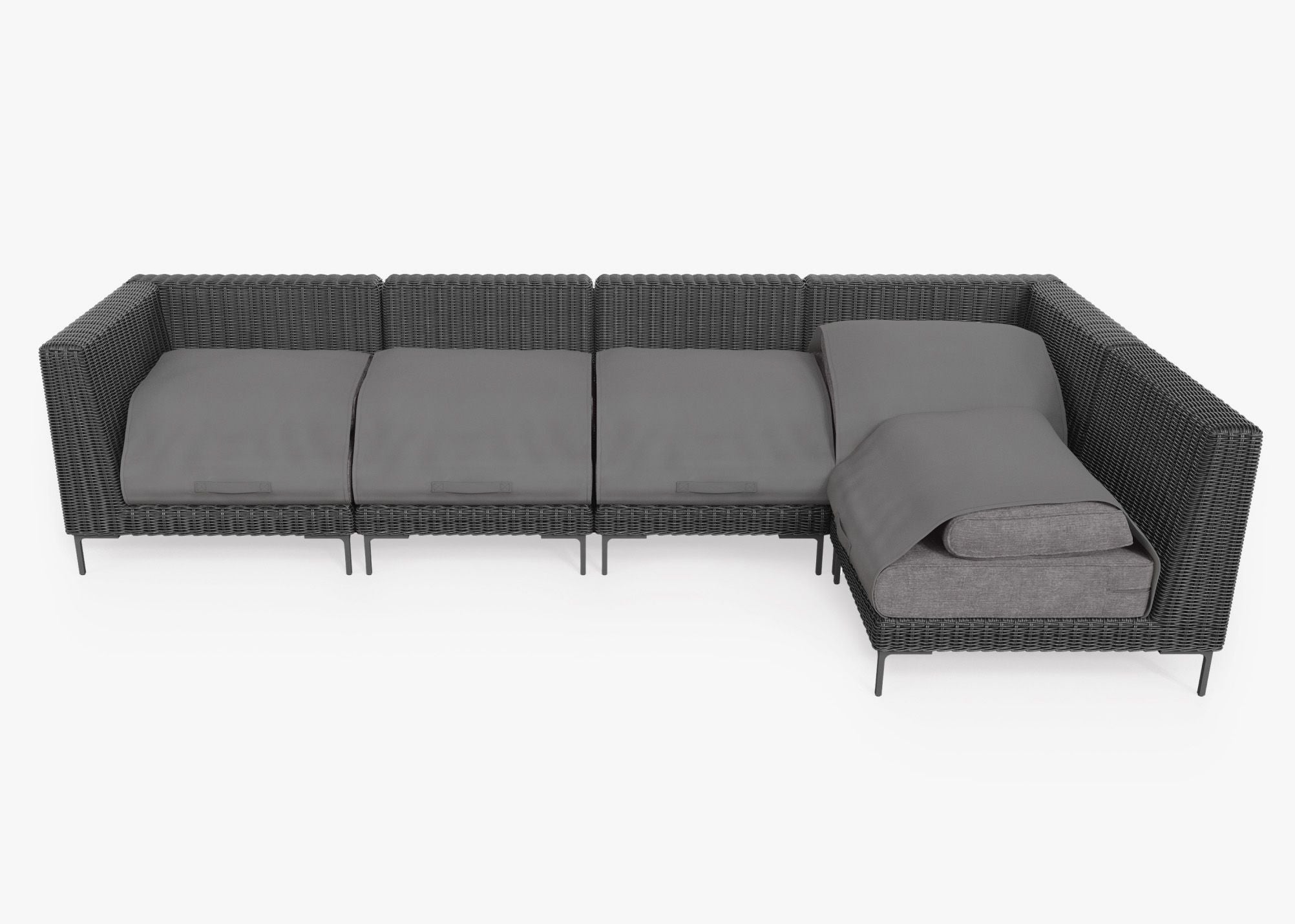 Black Wicker Outdoor L Sectional - 5 Seat shown with the OuterShell outdoor cushion cover, offering exclusive integrated protection. #color_dark pebble gray