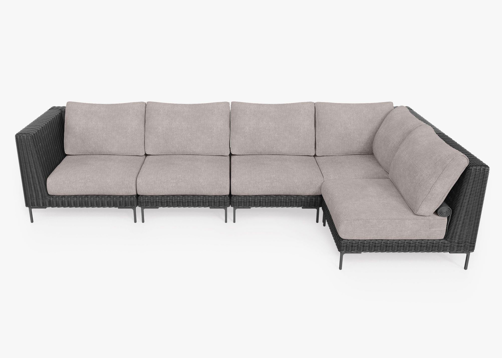 Black Wicker Outdoor L Sectional - 5 Seat, front. Comfortable, durable, and weather resistant outdoor seating with memory foam. #color_sandstone gray