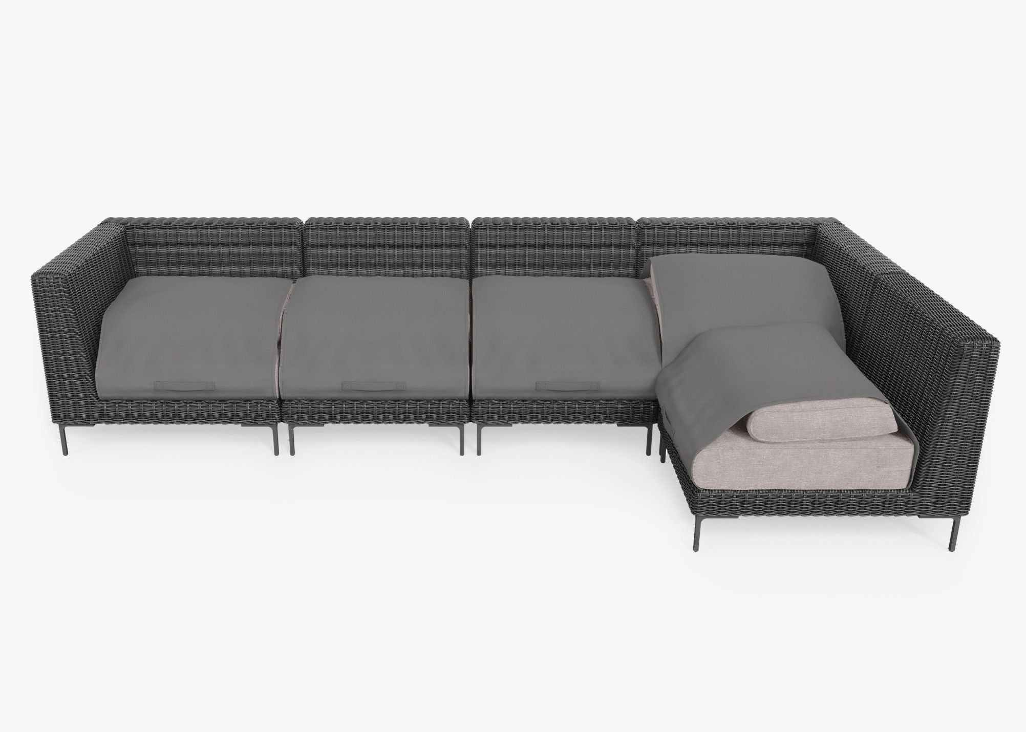 Black Wicker Outdoor L Sectional - 5 Seat shown with the OuterShell outdoor cushion cover, offering exclusive integrated protection. #color_sandstone gray