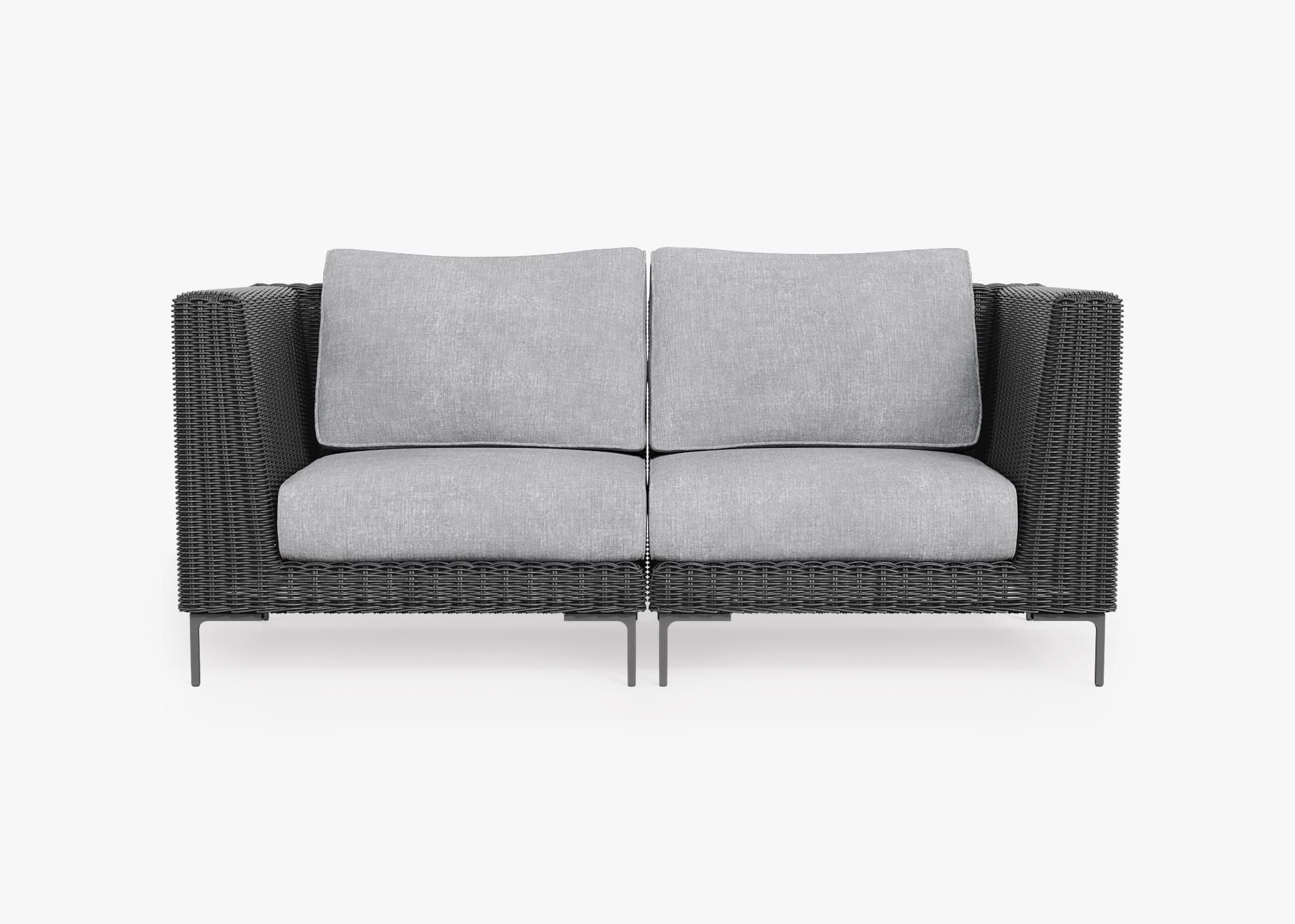 Black Wicker Outdoor Loveseat, front. Comfortable, durable, and weather resistant outdoor seating with memory foam. #color_pacific fog gray