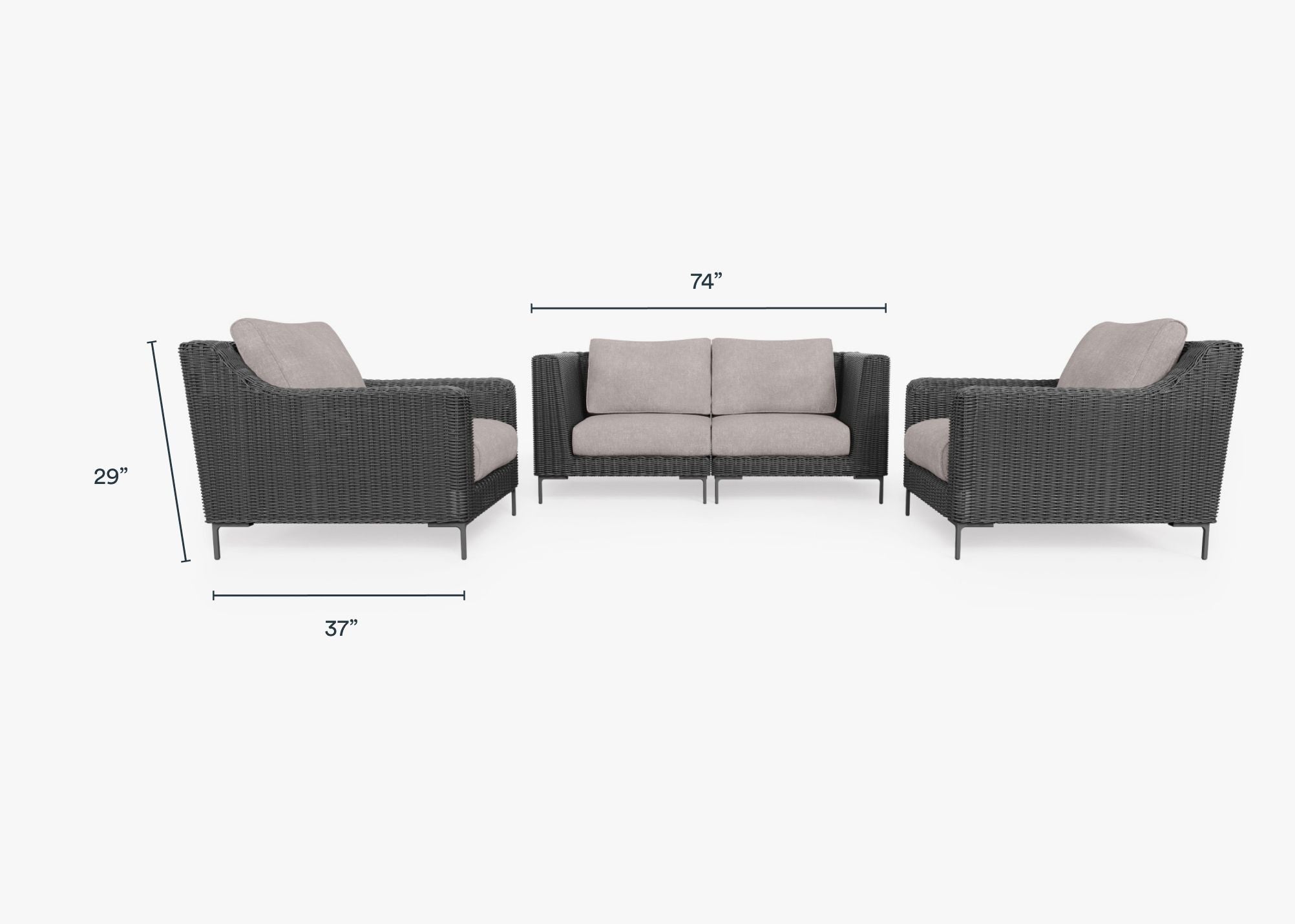 Black Wicker Outdoor Loveseat with Armchairs - 4 Seat dimensions in inches, also listed under Dimensions and Weights. #color_sandstone gray