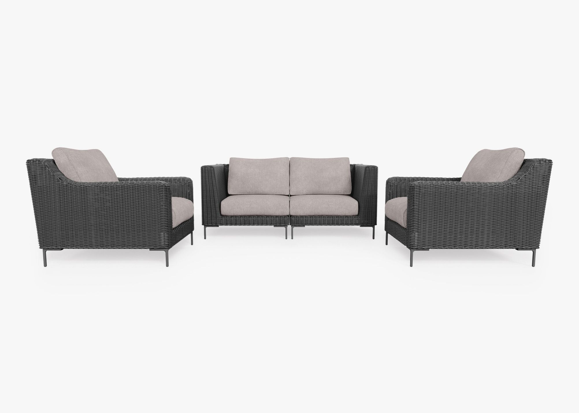 Black Wicker Outdoor Loveseat with Armchairs - 4 Seat, front. Comfortable, durable, and weather resistant outdoor seating with memory foam. #color_sandstone gray