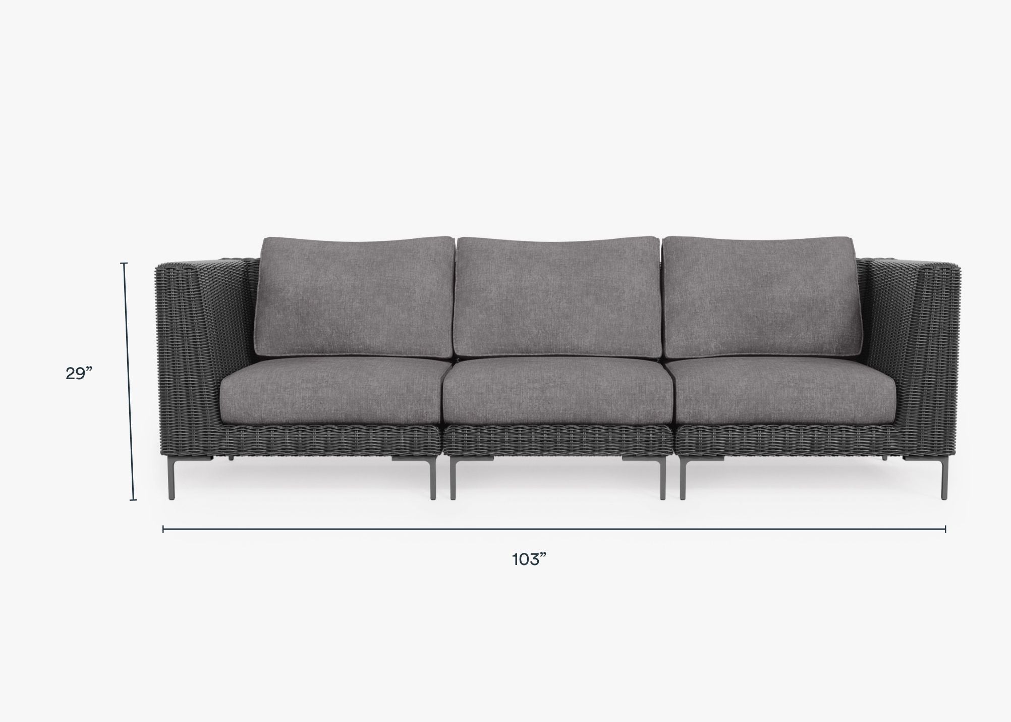 Black Wicker Outdoor Sofa - 3 Seat dimensions in inches, also listed under Dimensions and Weights. #color_dark pebble gray