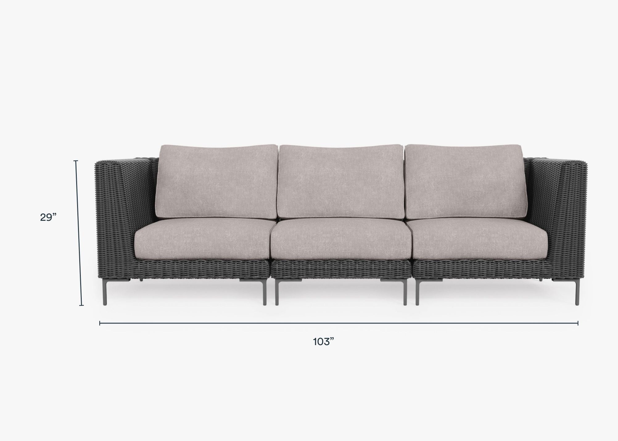 Black Wicker Outdoor Sofa - 3 Seat dimensions in inches, also listed under Dimensions and Weights. #color_sandstone gray