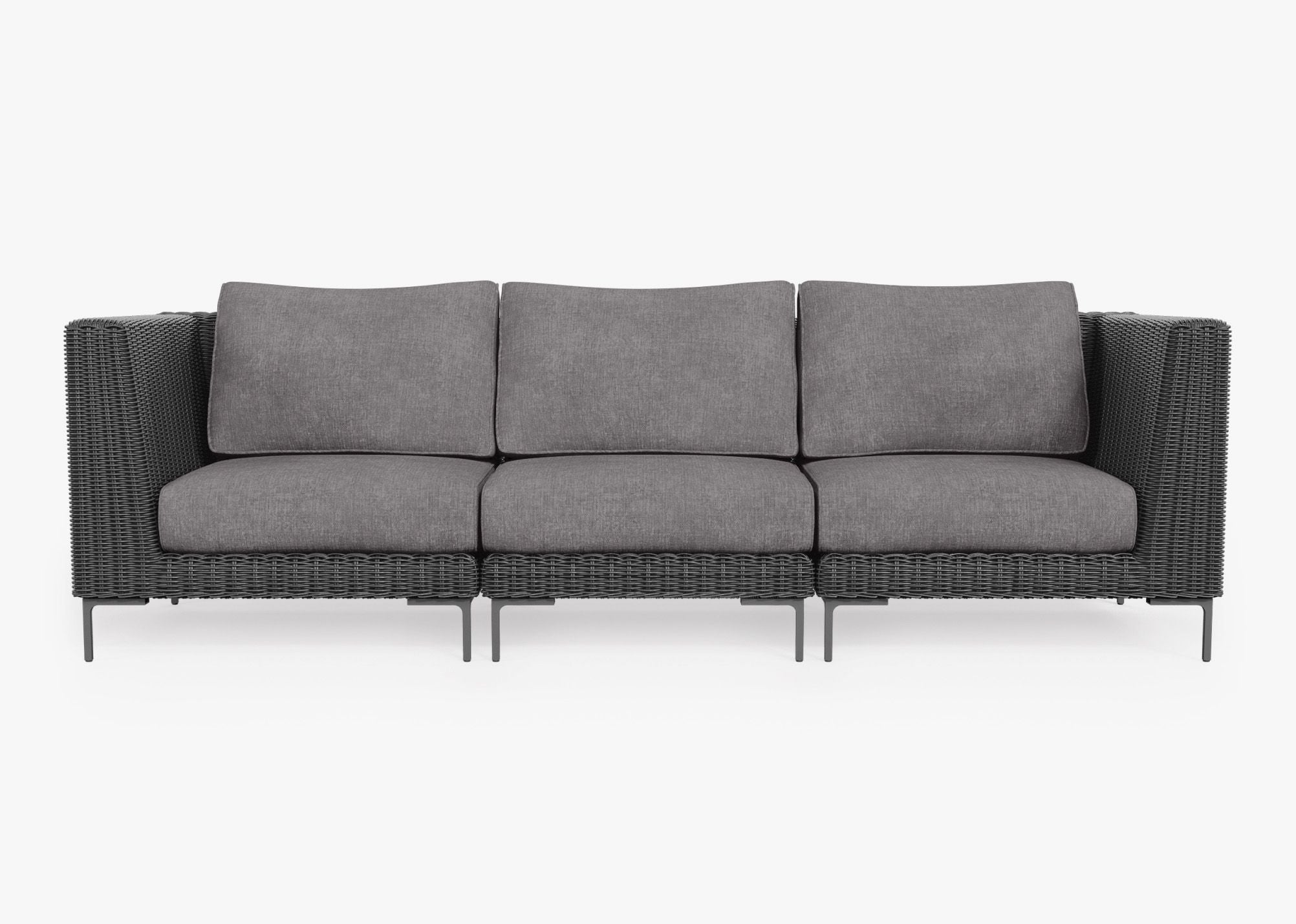 Black Wicker Outdoor Sofa - 3 Seat, front. Comfortable, durable, and weather resistant outdoor seating with memory foam. #color_dark pebble gray