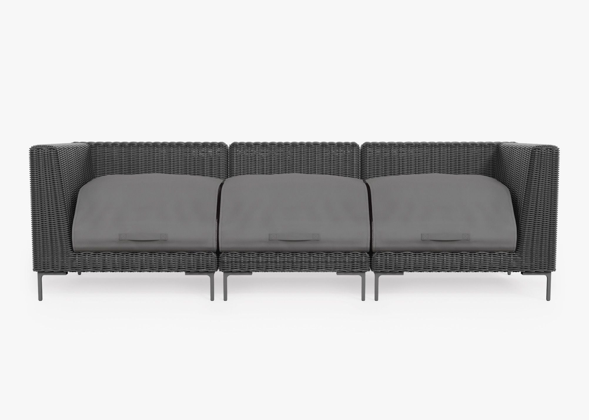 Black Wicker Outdoor Sofa - 3 Seat shown with the OuterShell outdoor cushion cover, offering exclusive integrated protection. #color_dark pebble gray